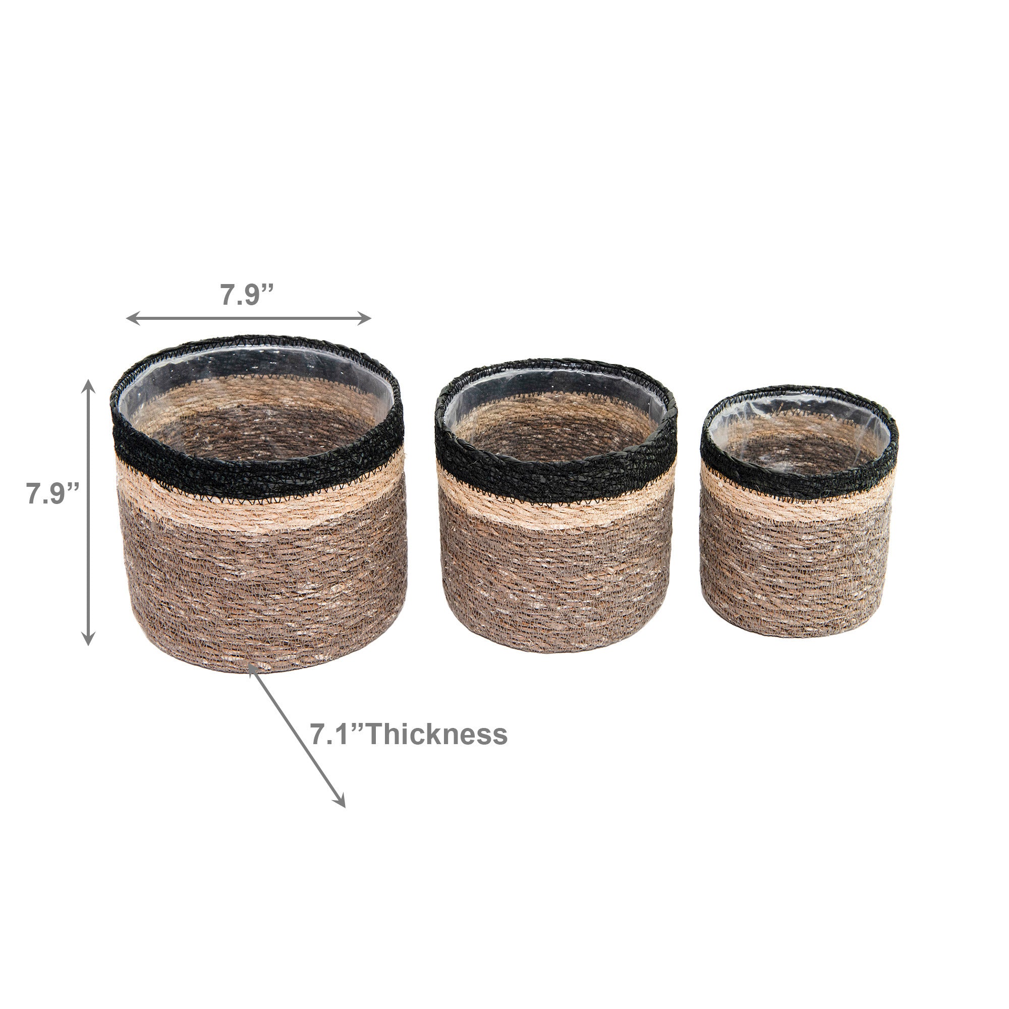 Set of 3 Round Seagrass Planters in Natural, Gray, and Black, Perfect for Indoor Greenery