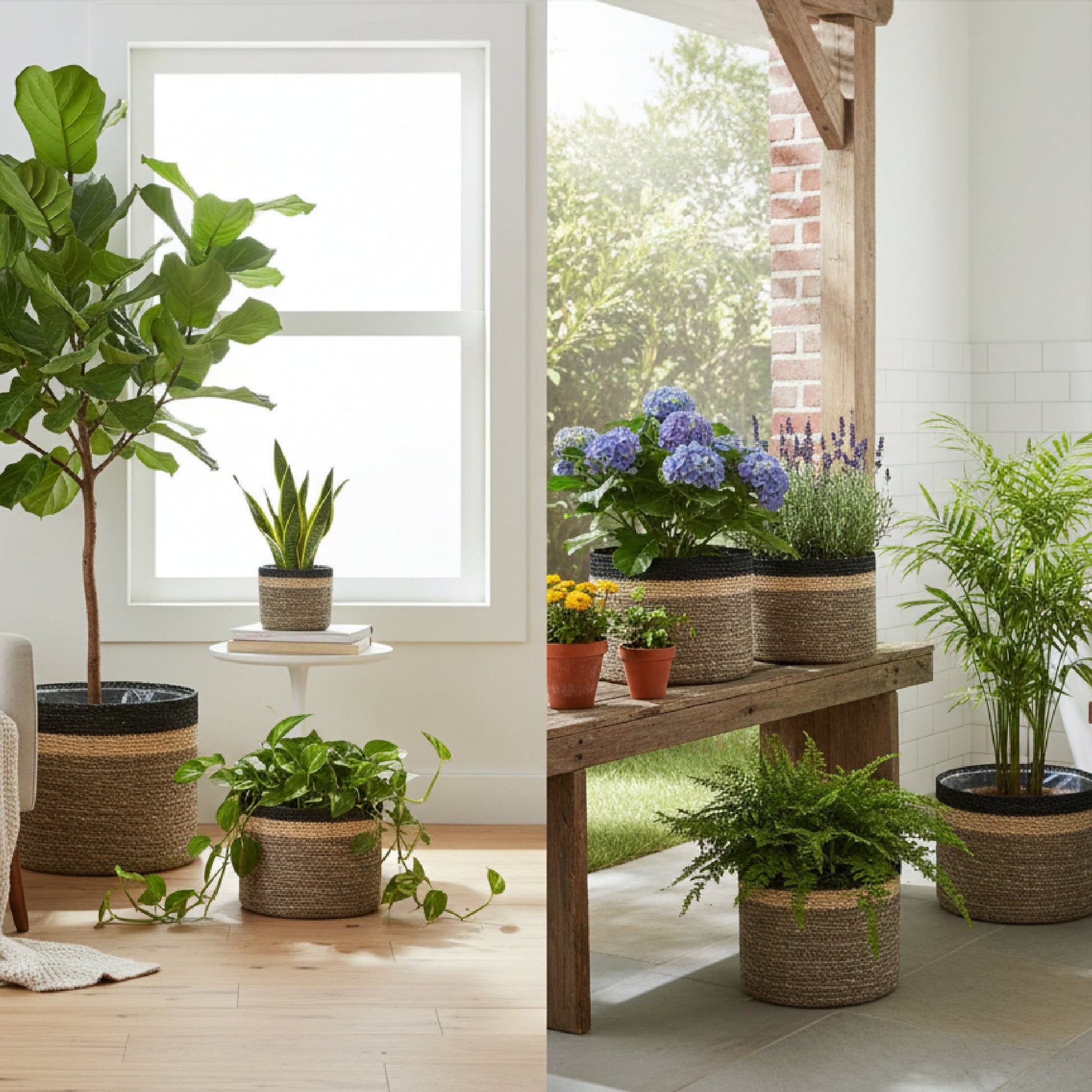 Set of 3 Round Seagrass Planters in Natural, Gray, and Black, Perfect for Indoor Greenery