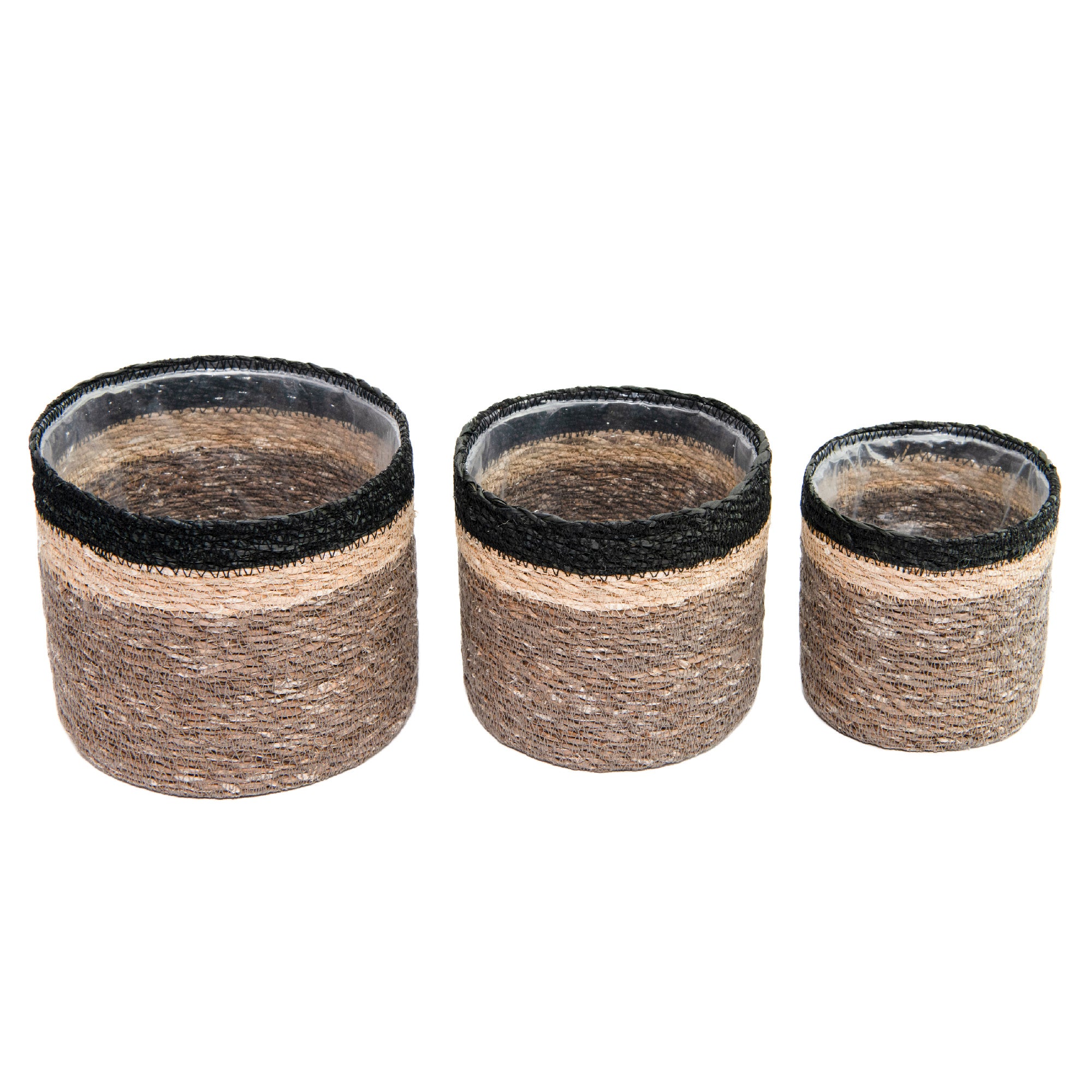 Set of 3 Round Seagrass Planters in Natural, Gray, and Black, Perfect for Indoor Greenery