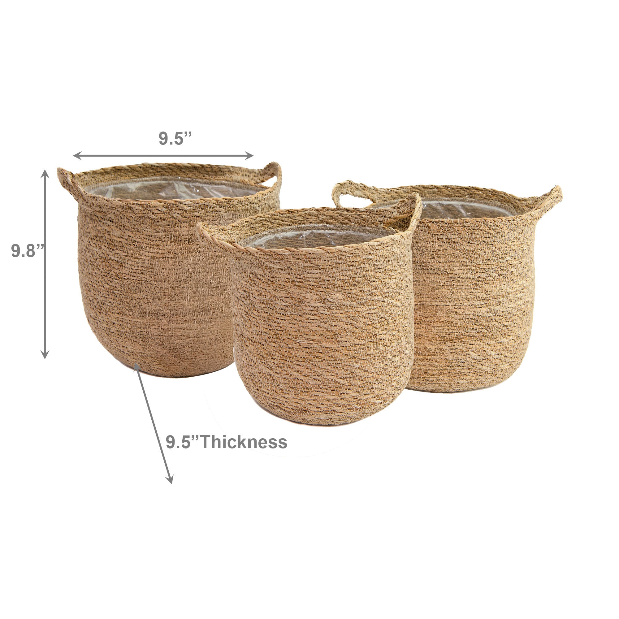 Set of 3 Round Natural Seagrass Planters with Handles for Easy Mobility