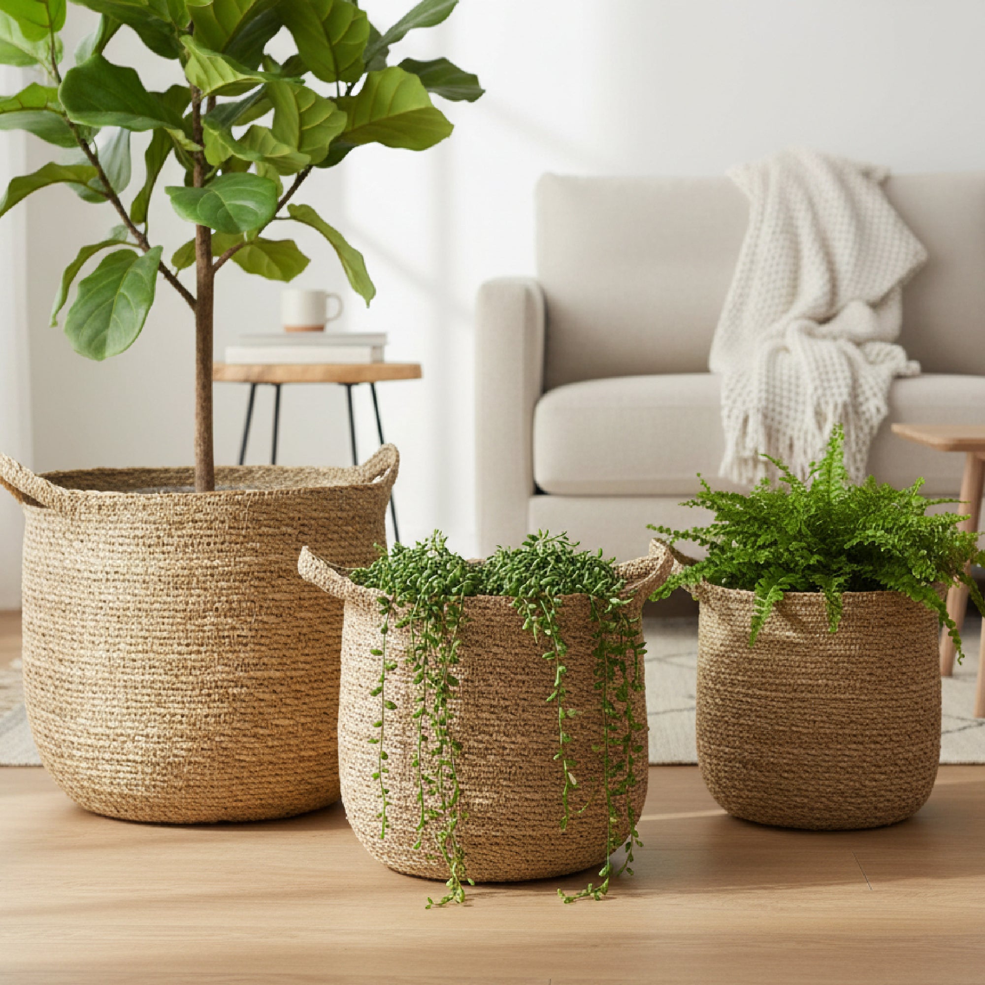 Set of 3 Round Natural Seagrass Planters with Handles for Easy Mobility