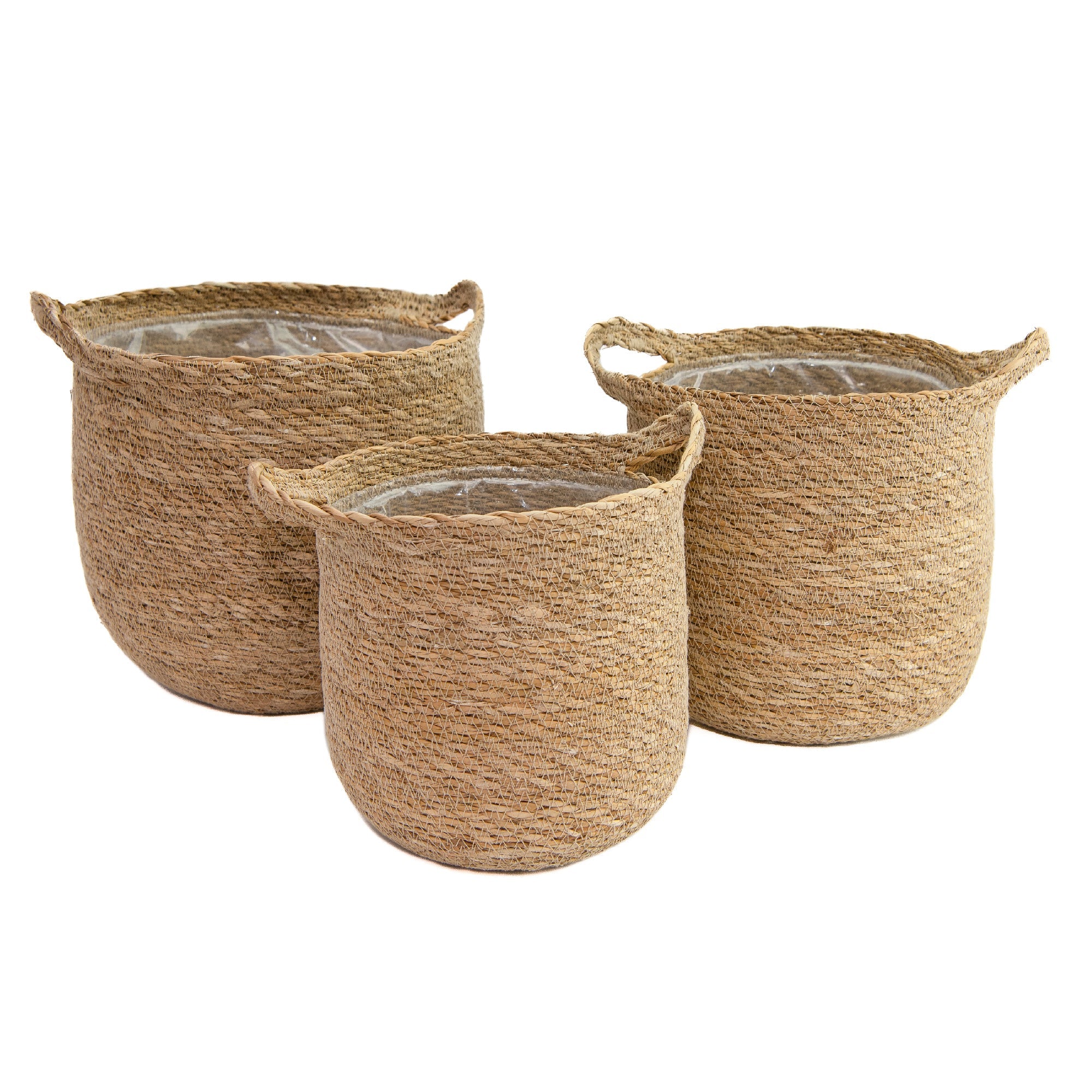 Set of 3 Round Natural Seagrass Planters with Handles for Easy Mobility