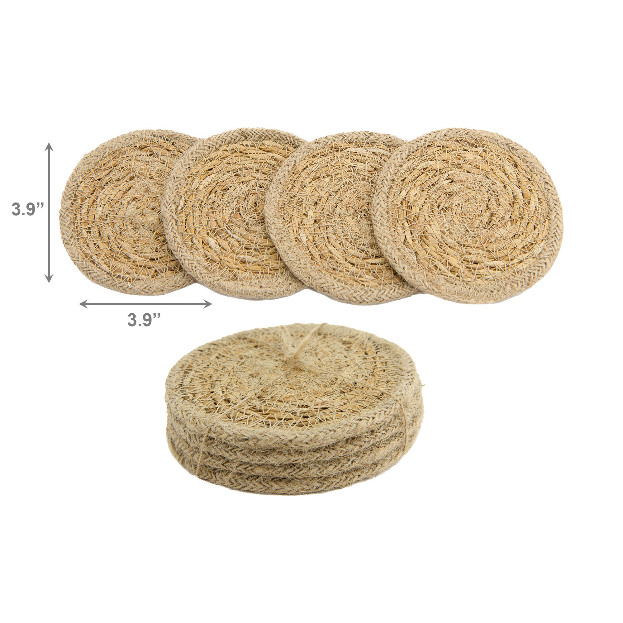 Set of 4 Round Natural Seagrass and Jute Coasters, Ideal for Protecting Surfaces
