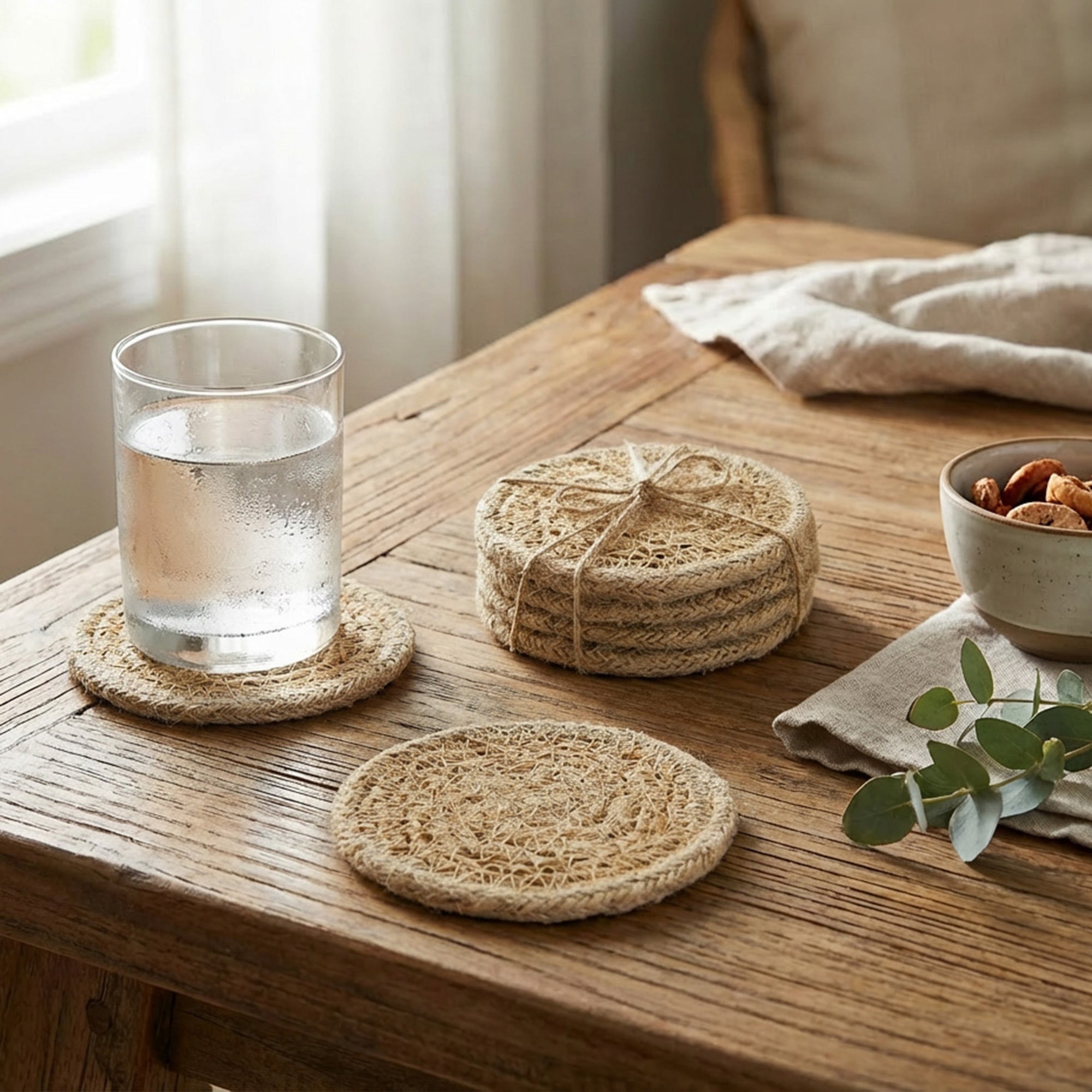 Set of 4 Round Natural Seagrass and Jute Coasters, Ideal for Protecting Surfaces