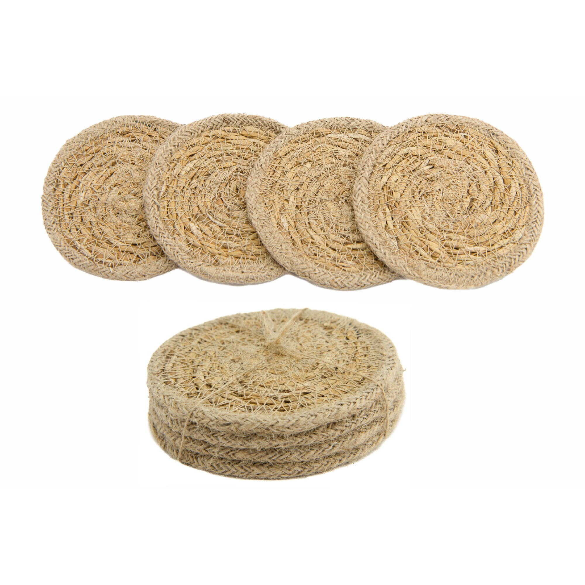 Set of 4 Round Natural Seagrass and Jute Coasters, Ideal for Protecting Surfaces