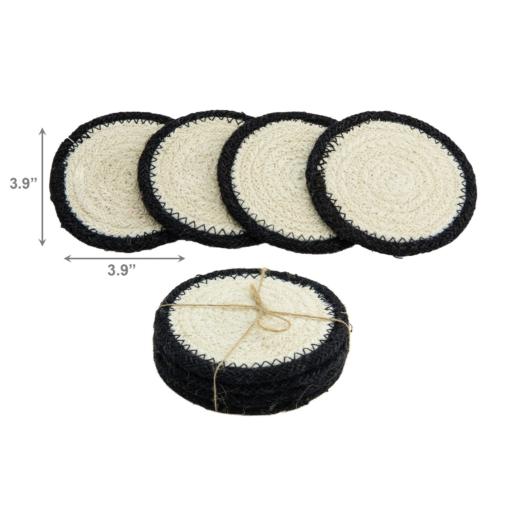 Set of 4 Round Jute Coasters in Classic White and Black for Versatile Table Settings