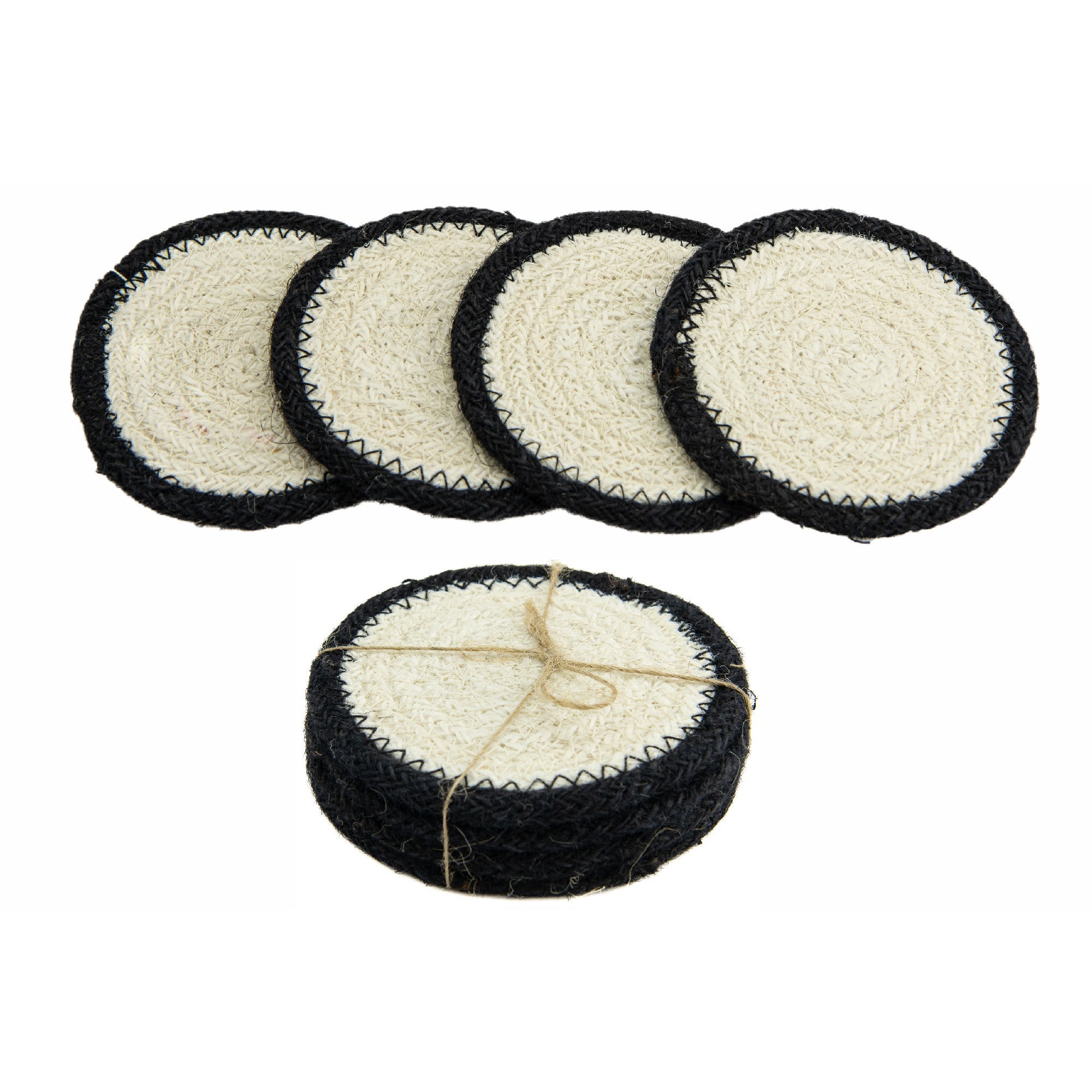 Set of 4 Round Jute Coasters in Classic White and Black for Versatile Table Settings