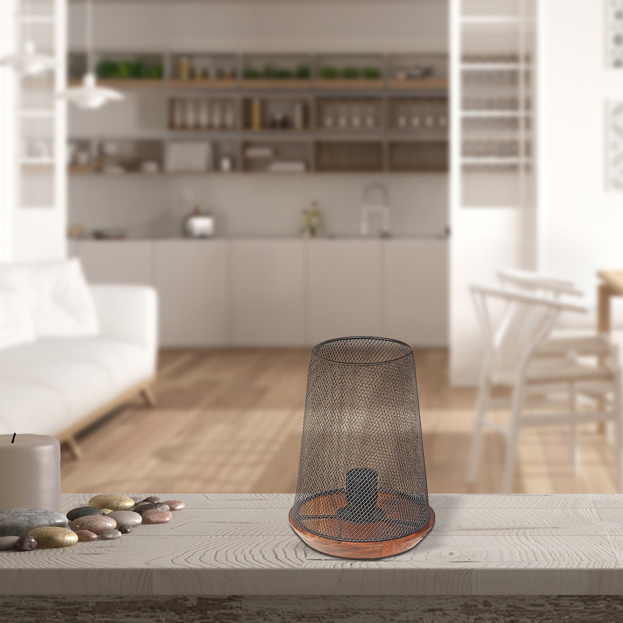 Iron Wire Uplight with Wood Base, Industrial Rustic Table Lamp, Modern Home Lighting
