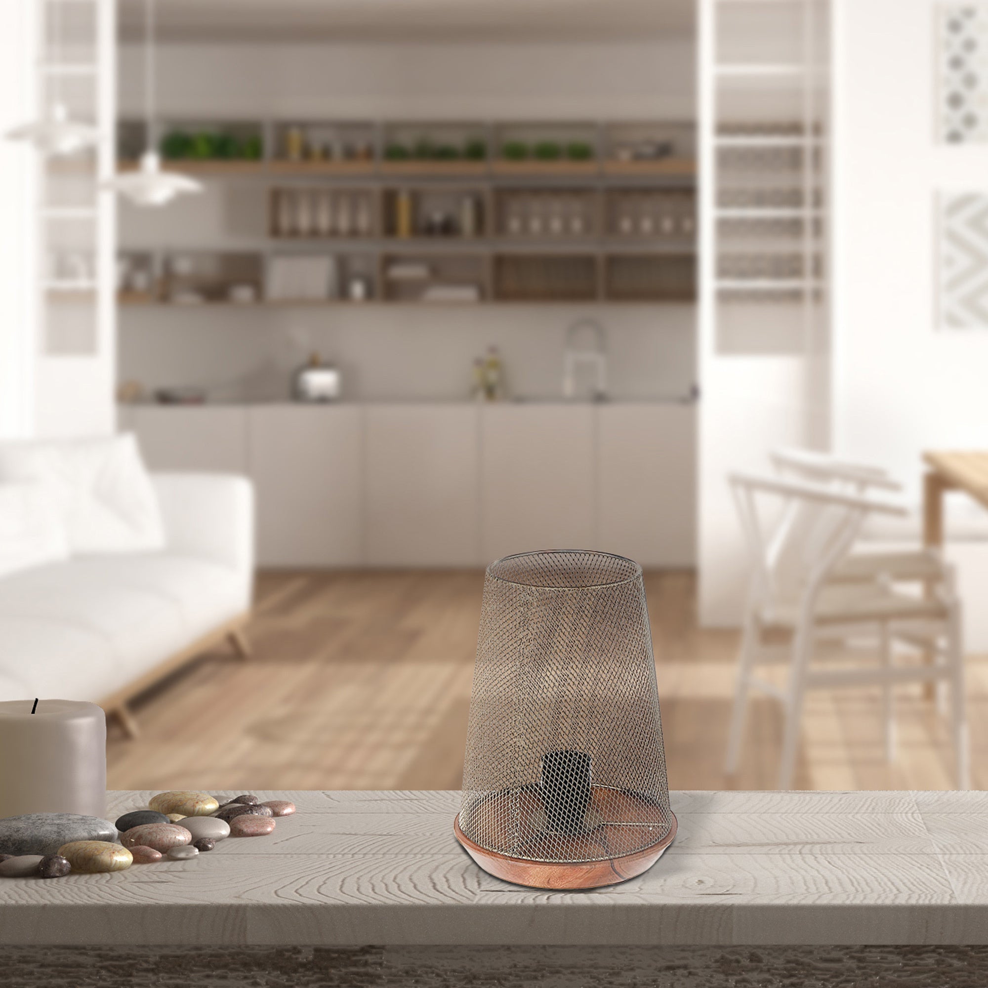Iron Wire Uplight with Wood Base, Industrial Rustic Table Lamp, Modern Home Lighting