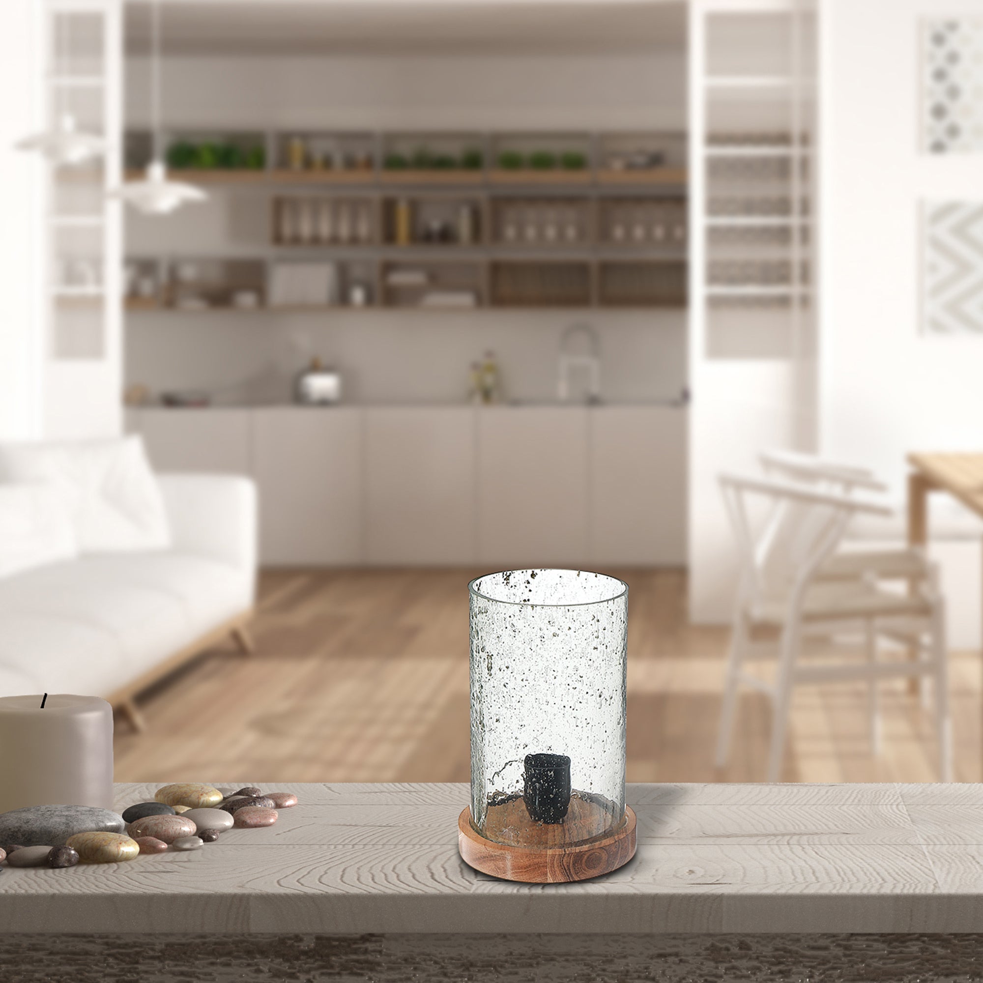 Seeded Glass Uplight with Wood Base, Rustic Modern Table Lamp, Ambient Home Lighting