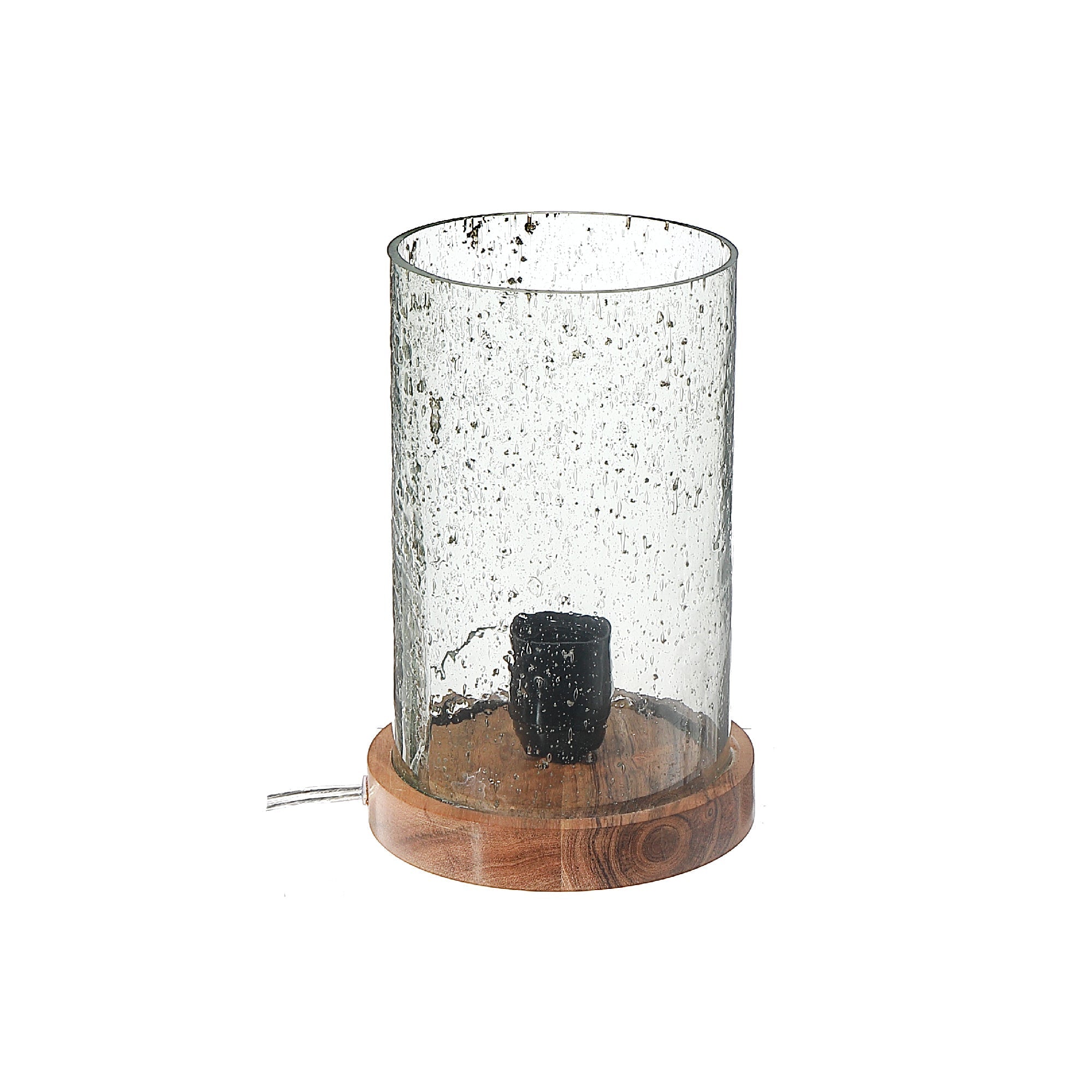 Seeded Glass Uplight with Wood Base, Rustic Modern Table Lamp, Ambient Home Lighting