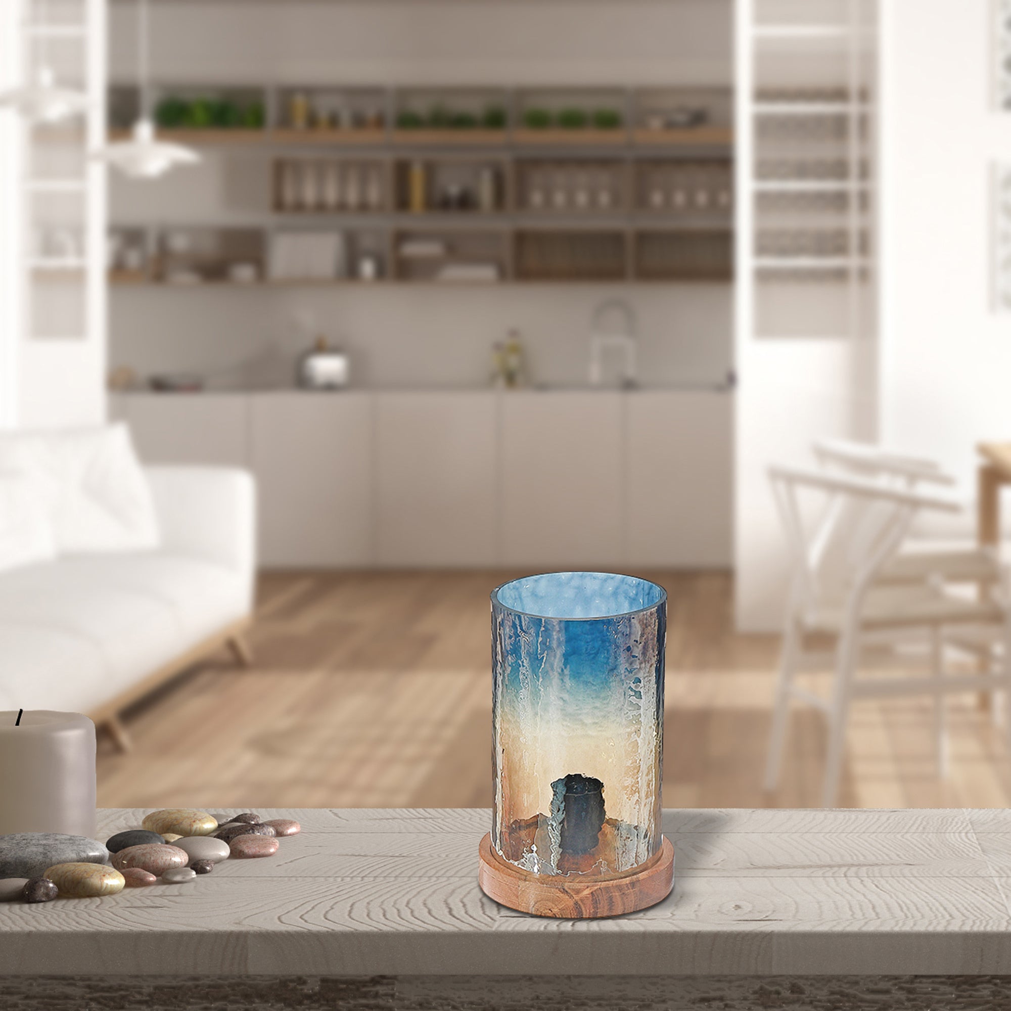 2 Tone Hammered Glass Uplight with Wood Base, Modern Accent Lamp, Decorative Table Lighting