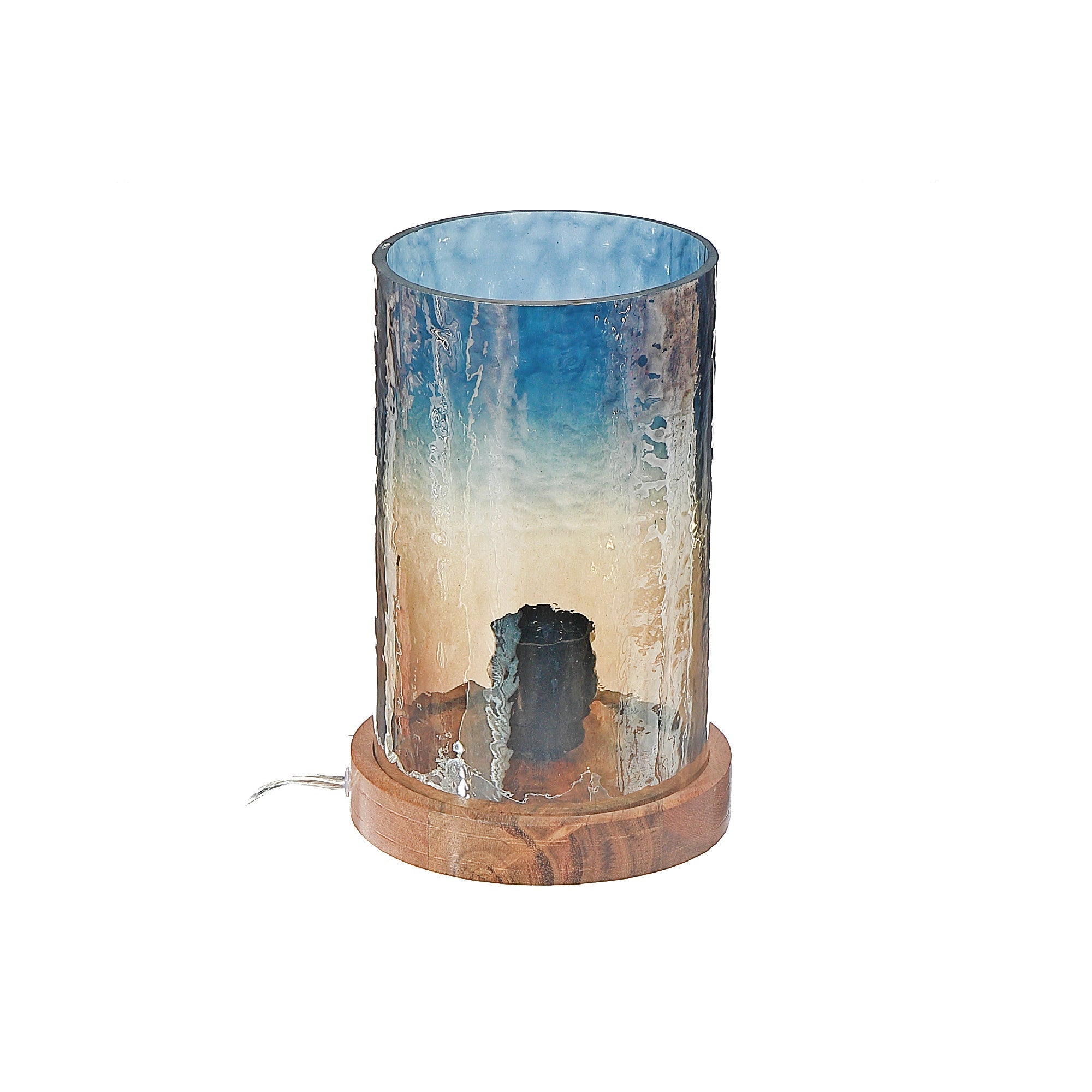 2 Tone Hammered Glass Uplight with Wood Base, Modern Accent Lamp, Decorative Table Lighting