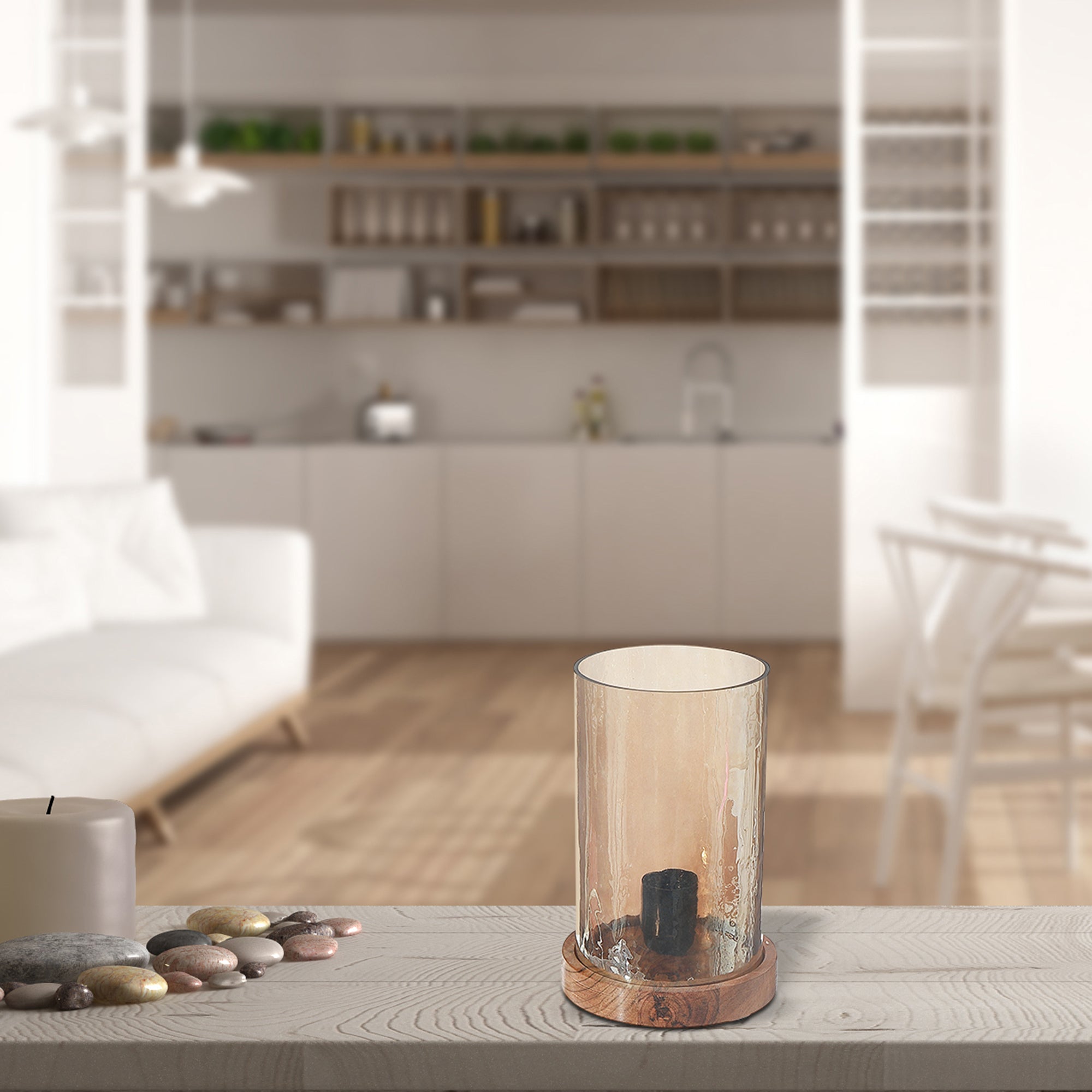 Smoke Luster Hammered Glass Uplight with Wood Base, Modern Table Lamp, Ambient Accent Lighting