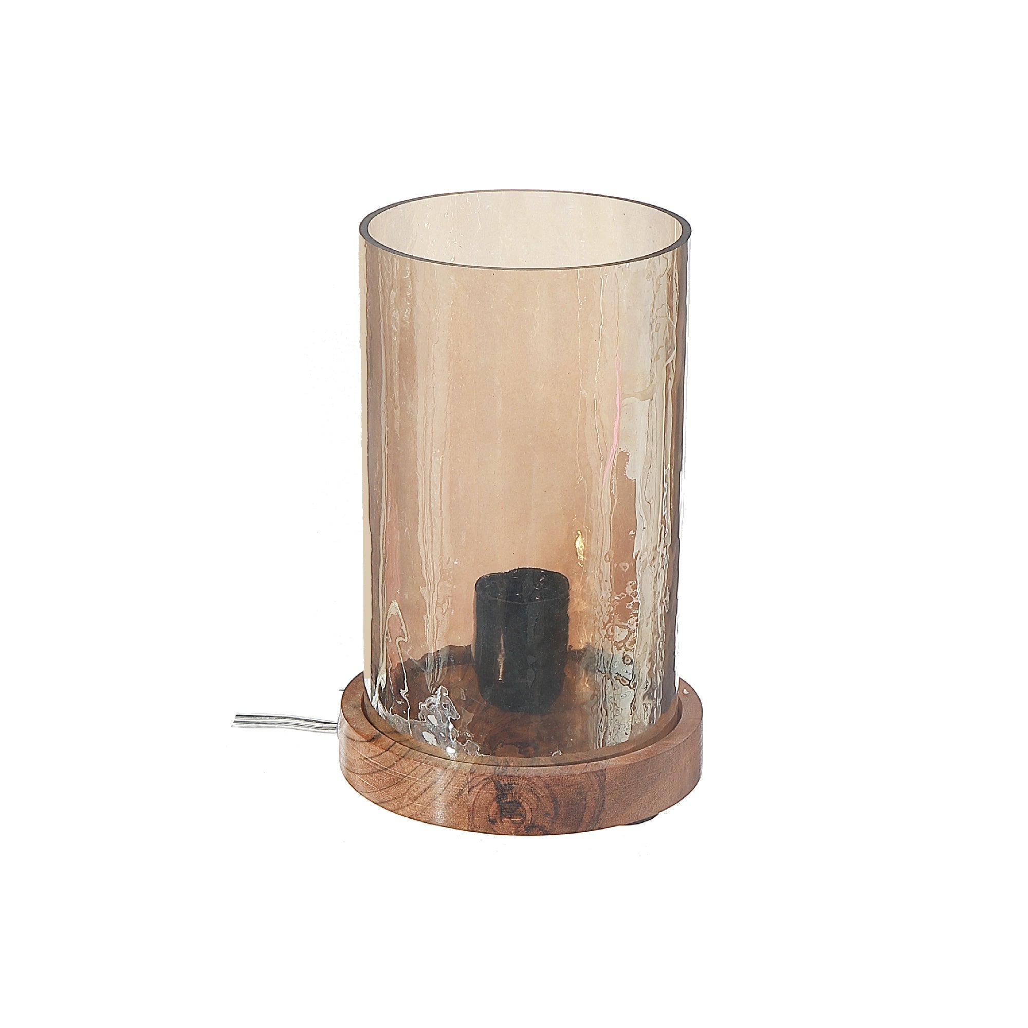 Smoke Luster Hammered Glass Uplight with Wood Base, Modern Table Lamp, Ambient Accent Lighting