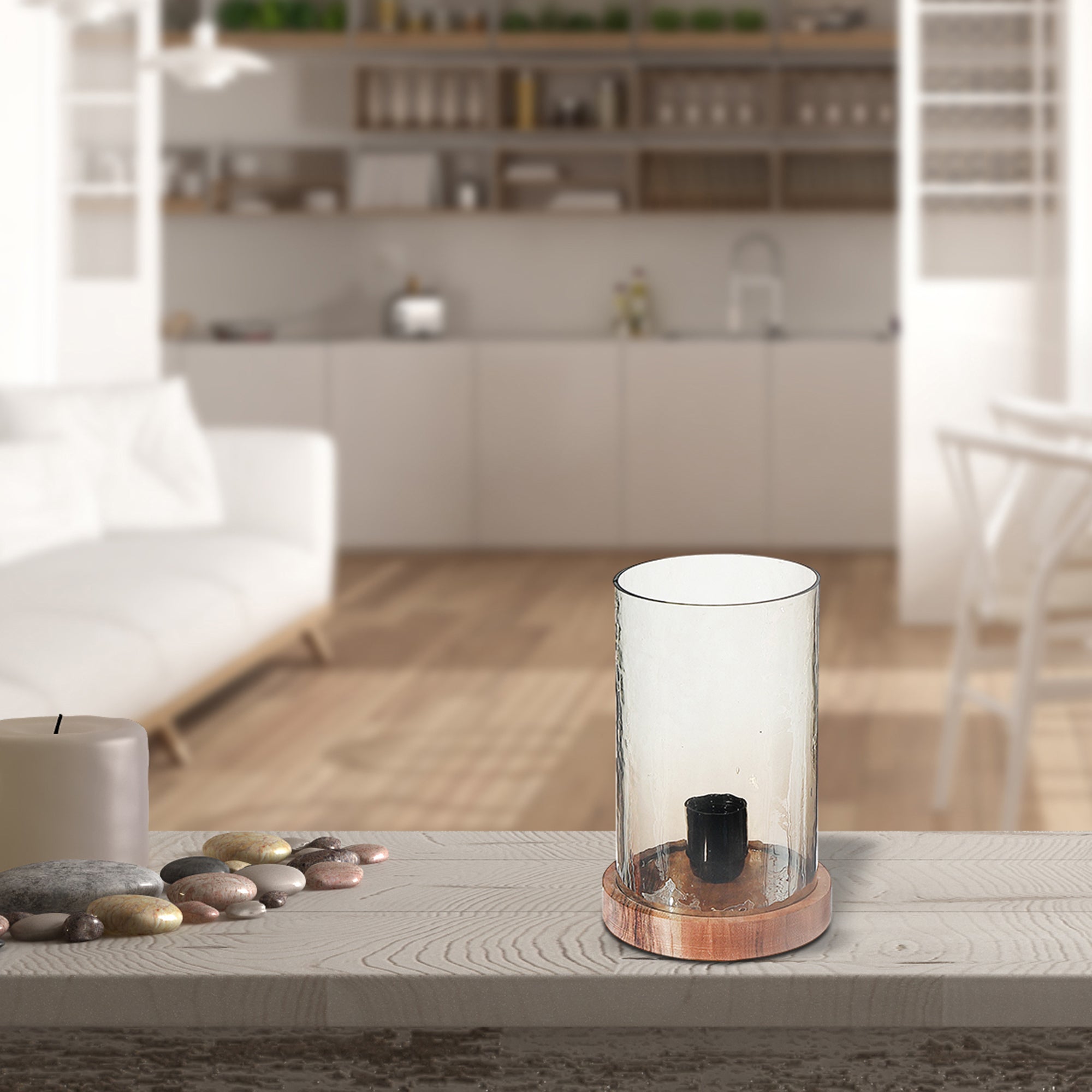 Smoke Luster Hammered Glass Uplight with Wood Base, Modern Table Lamp, Ambient Accent Lighting