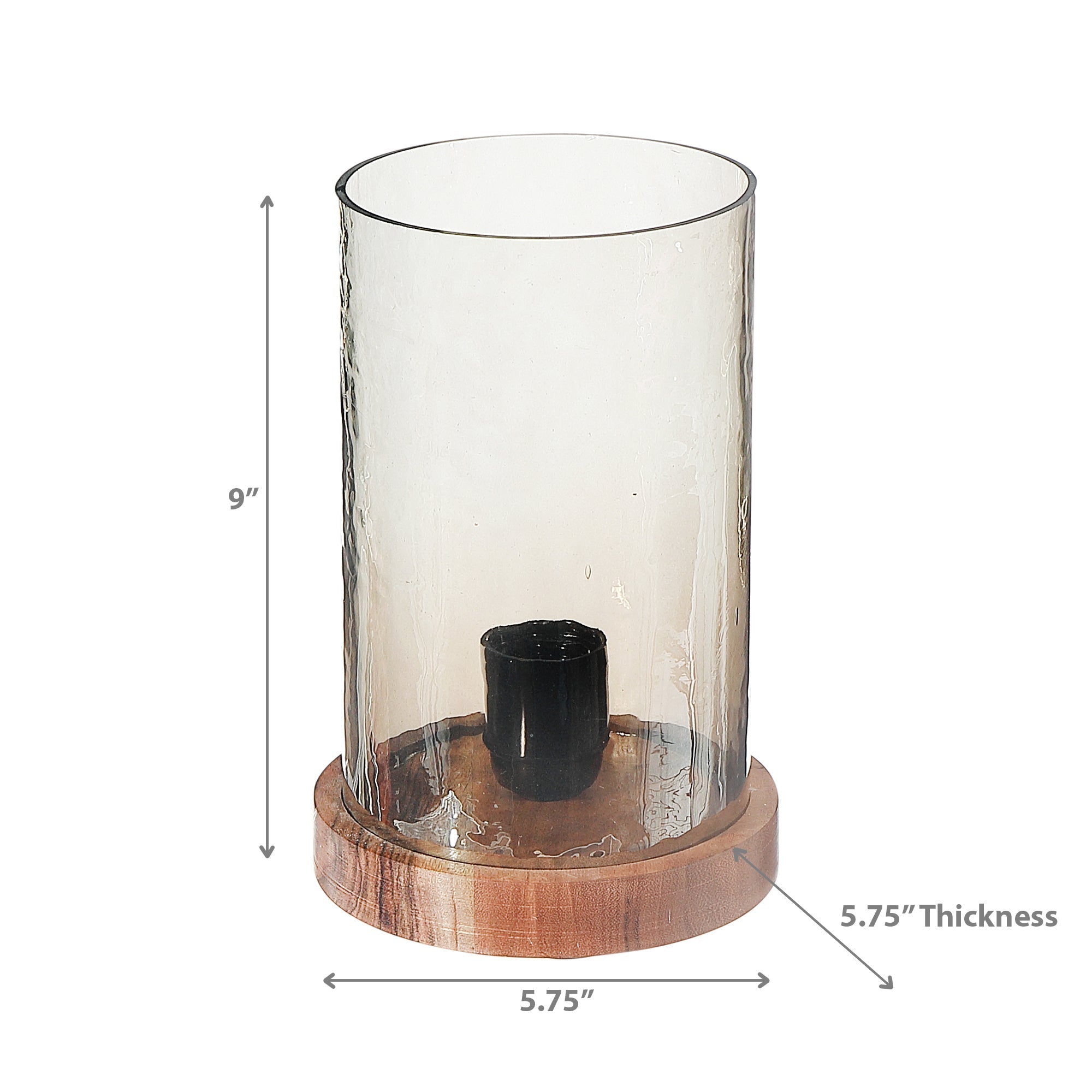Smoke Luster Hammered Glass Uplight with Wood Base, Modern Table Lamp, Ambient Accent Lighting