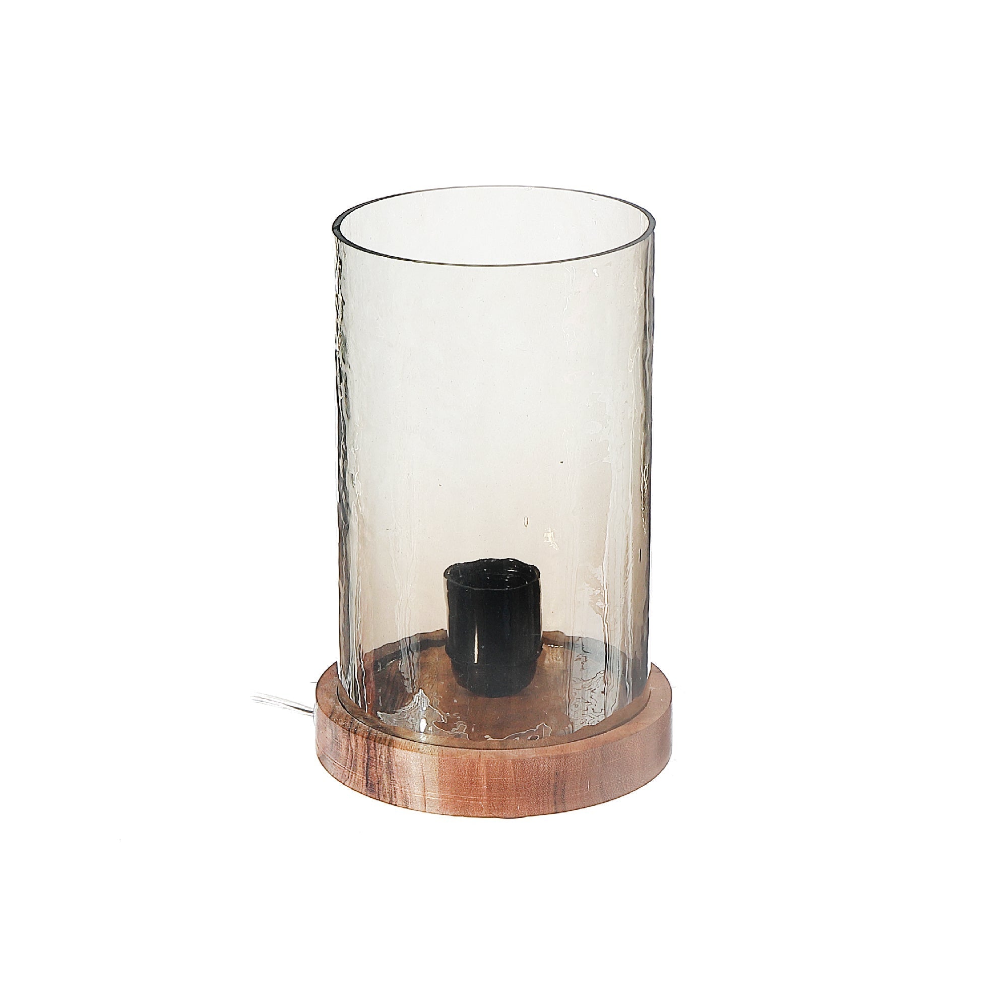 Smoke Luster Hammered Glass Uplight with Wood Base, Modern Table Lamp, Ambient Accent Lighting