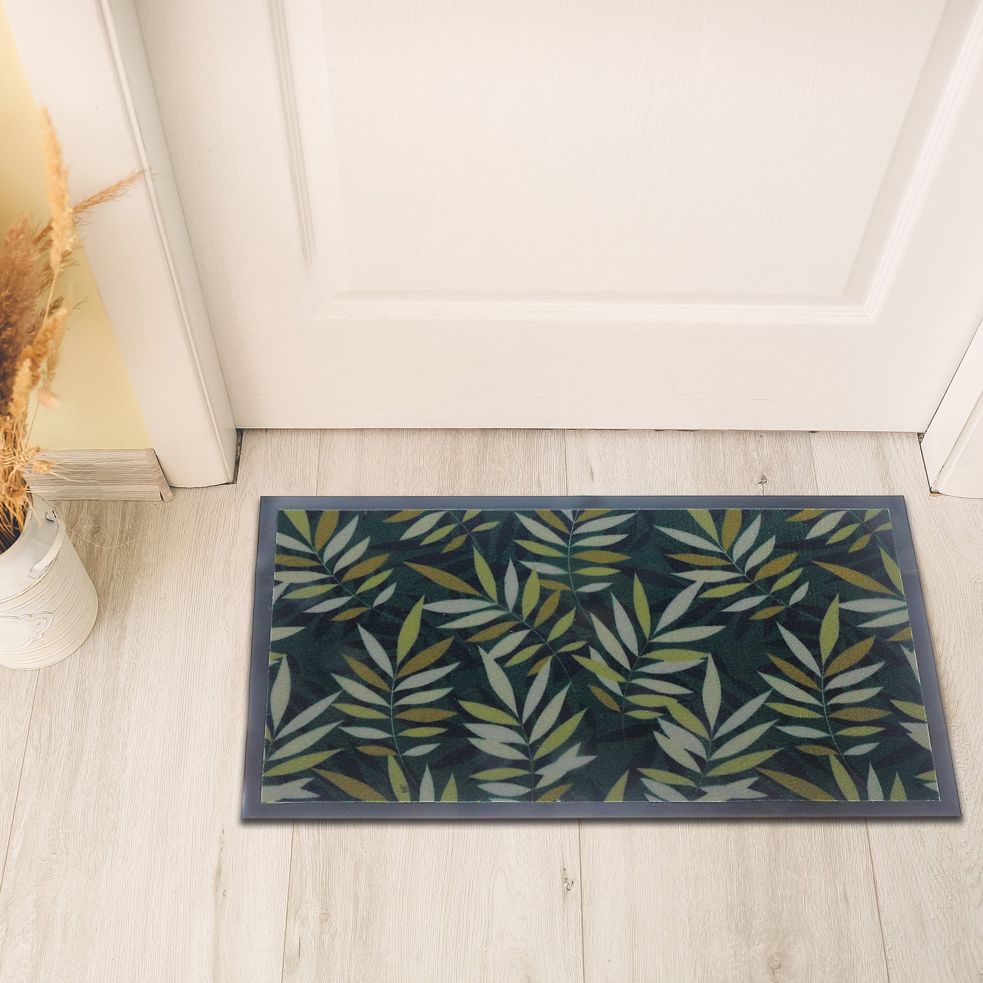Printed PVC Mat Scattered Leaves Green 18"x30" – Indoor/Outdoor Decorative Mat