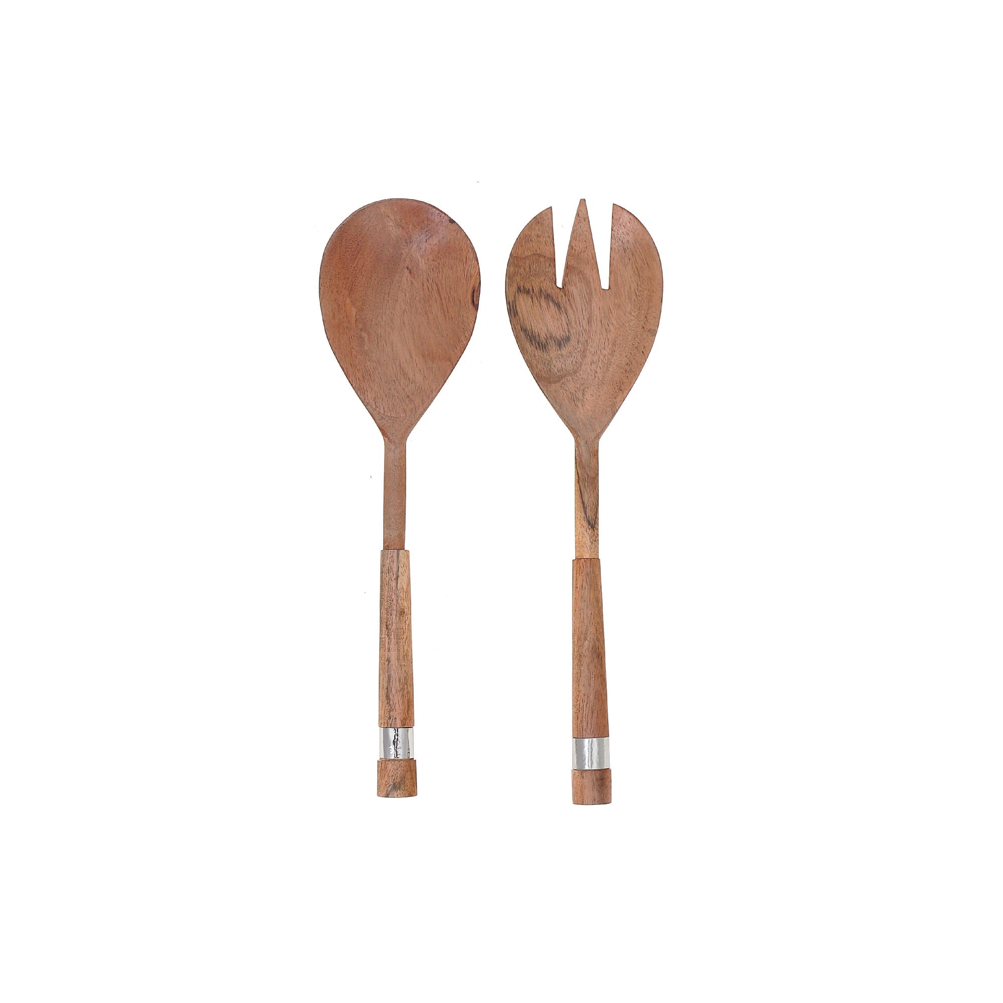 Natural Acacia Wood Salad Server Set With Hammered Nickel Handles 2 Piece Set