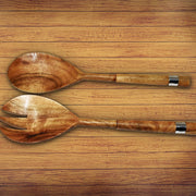 Natural Acacia Wood Salad Server Set With Hammered Nickel Handles 2 Piece Set
