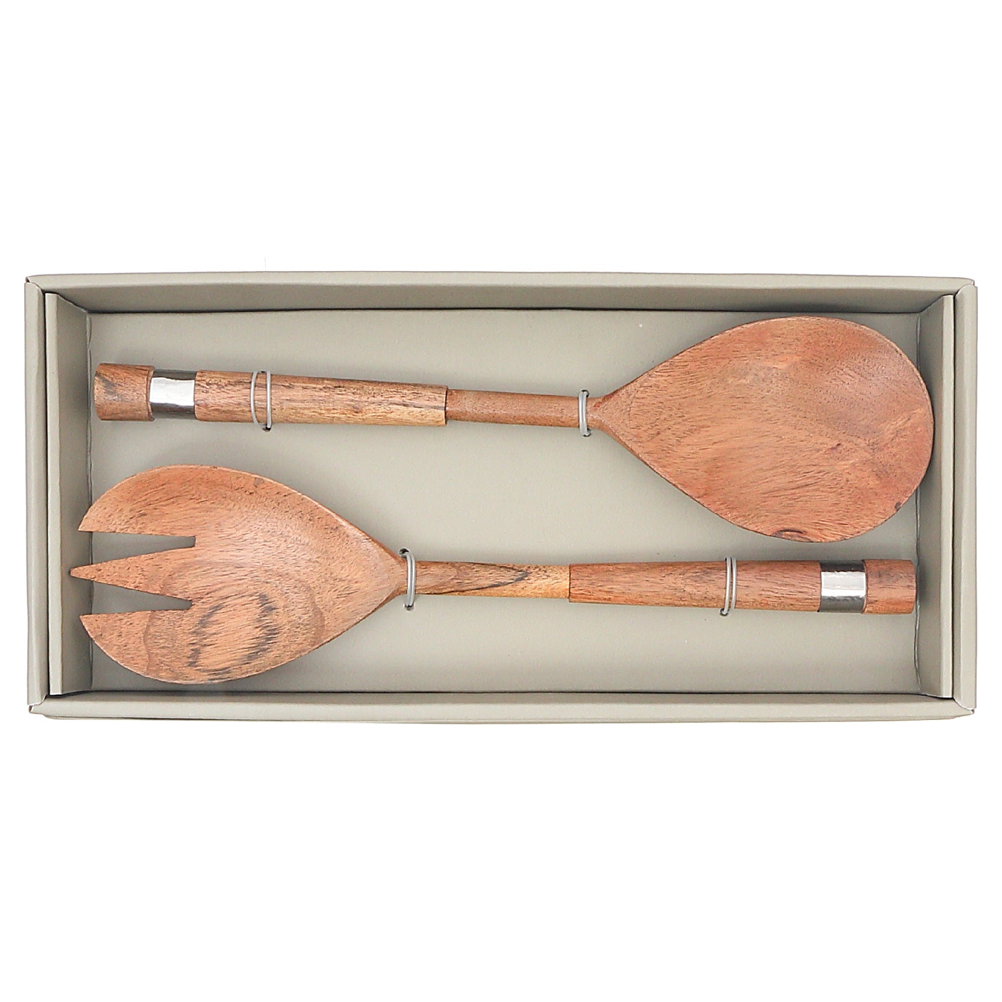Natural Acacia Wood Salad Server Set With Hammered Nickel Handles 2 Piece Set