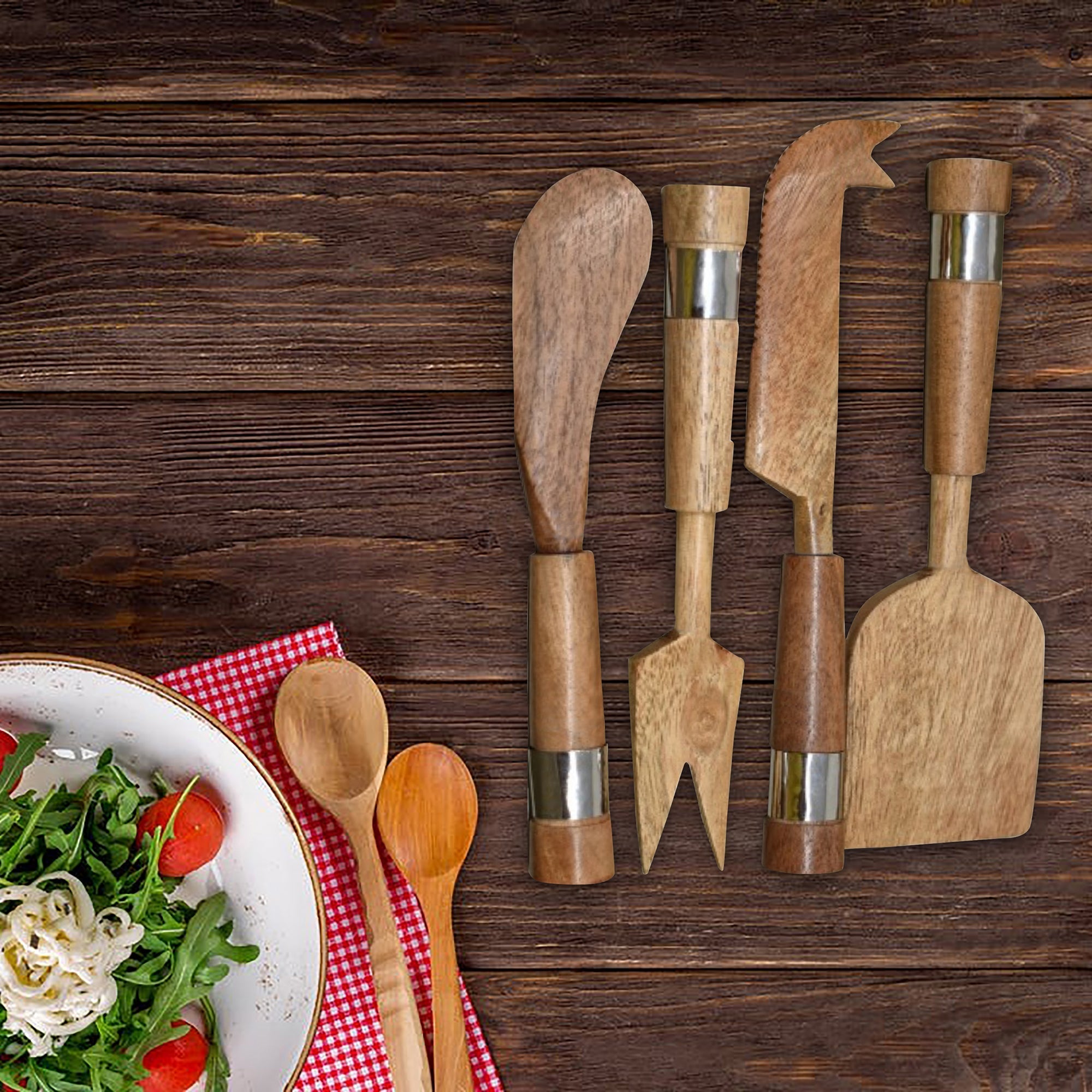 Natural Acacia Wood Cheese Cutlery Set With Hammered Nickel Handles 4 Piece Cheese Knife Set