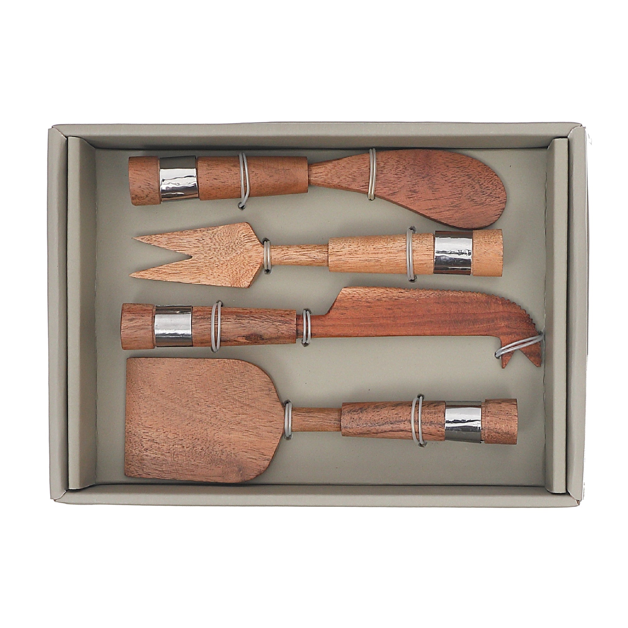 Natural Acacia Wood Cheese Cutlery Set With Hammered Nickel Handles 4 Piece Cheese Knife Set