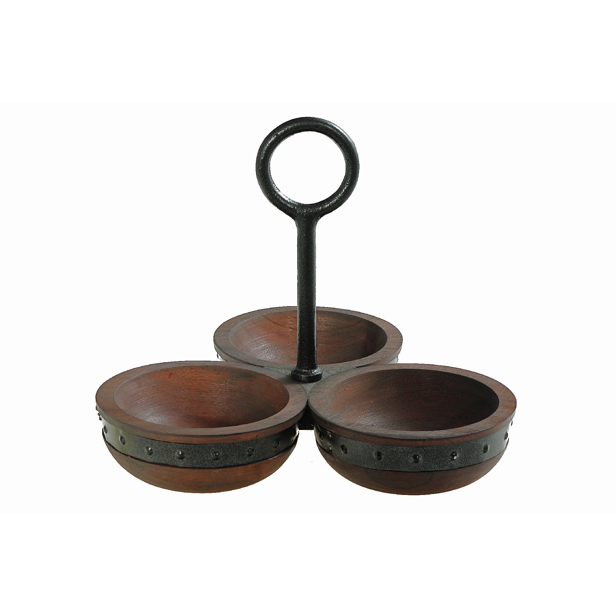 Gray Acacia Wood Serving Tray With Riveted Gunmetal 3 Section Server for Appetizers