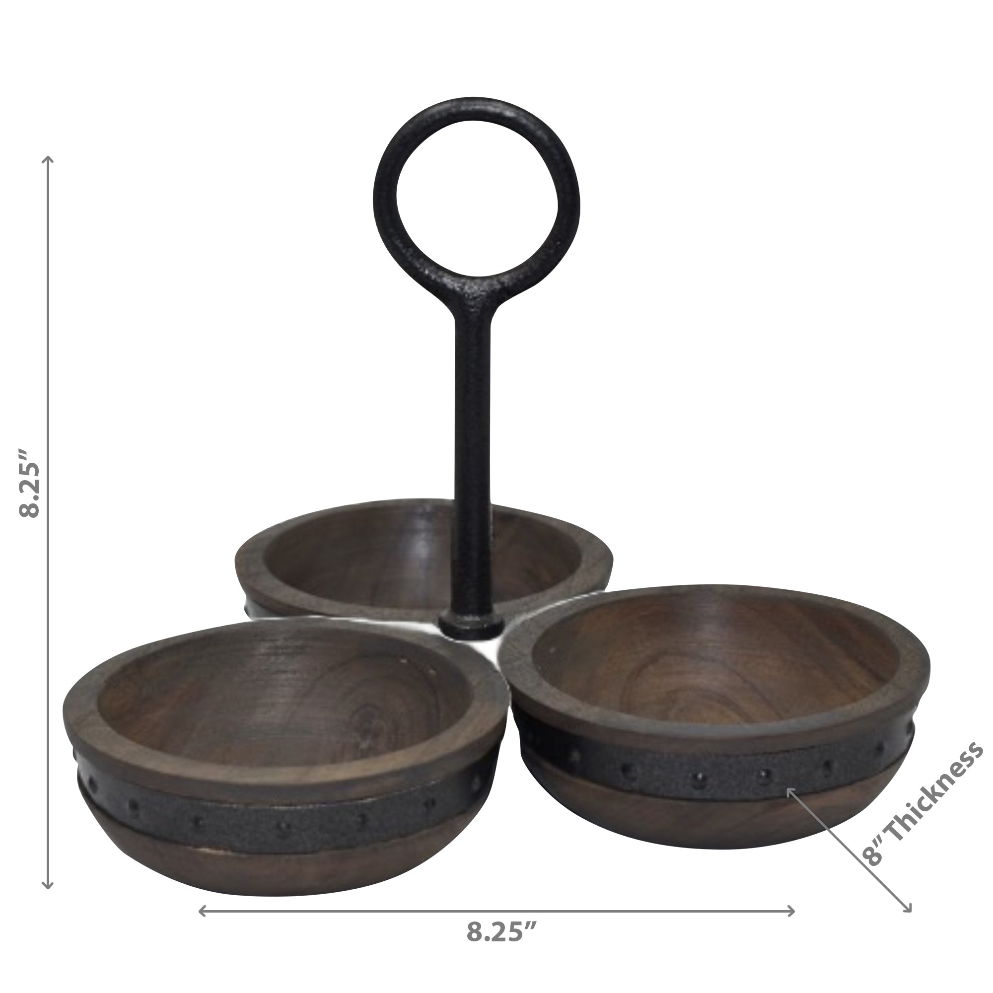 Gray Acacia Wood Serving Tray With Riveted Gunmetal 3 Section Server for Appetizers