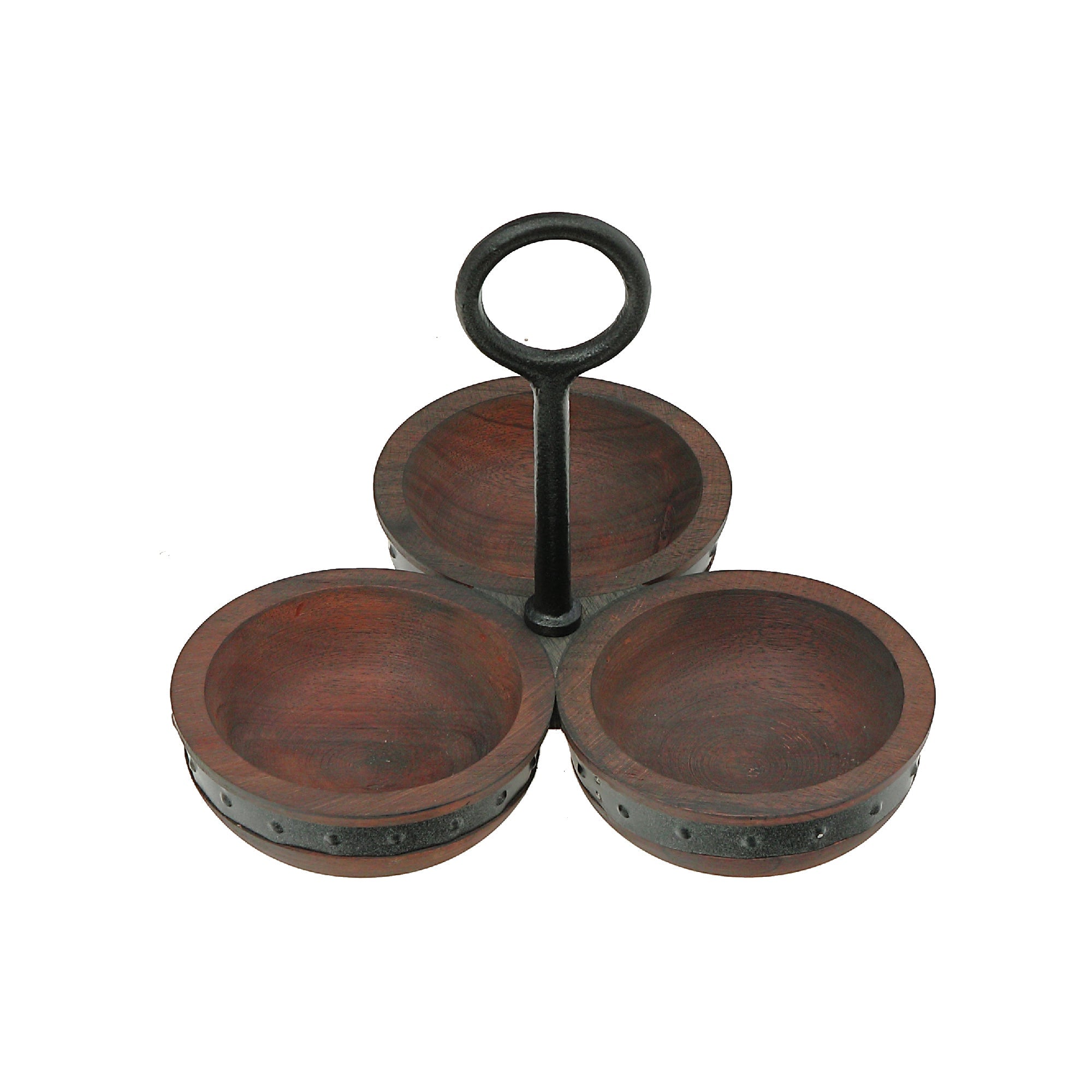 Gray Acacia Wood Serving Tray With Riveted Gunmetal 3 Section Server for Appetizers