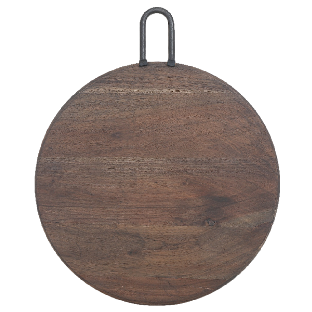 Custom Gray Acacia Wood Round Cutting Board With Gunmetal Metal Handle, Rustic Kitchen Food Prep Board