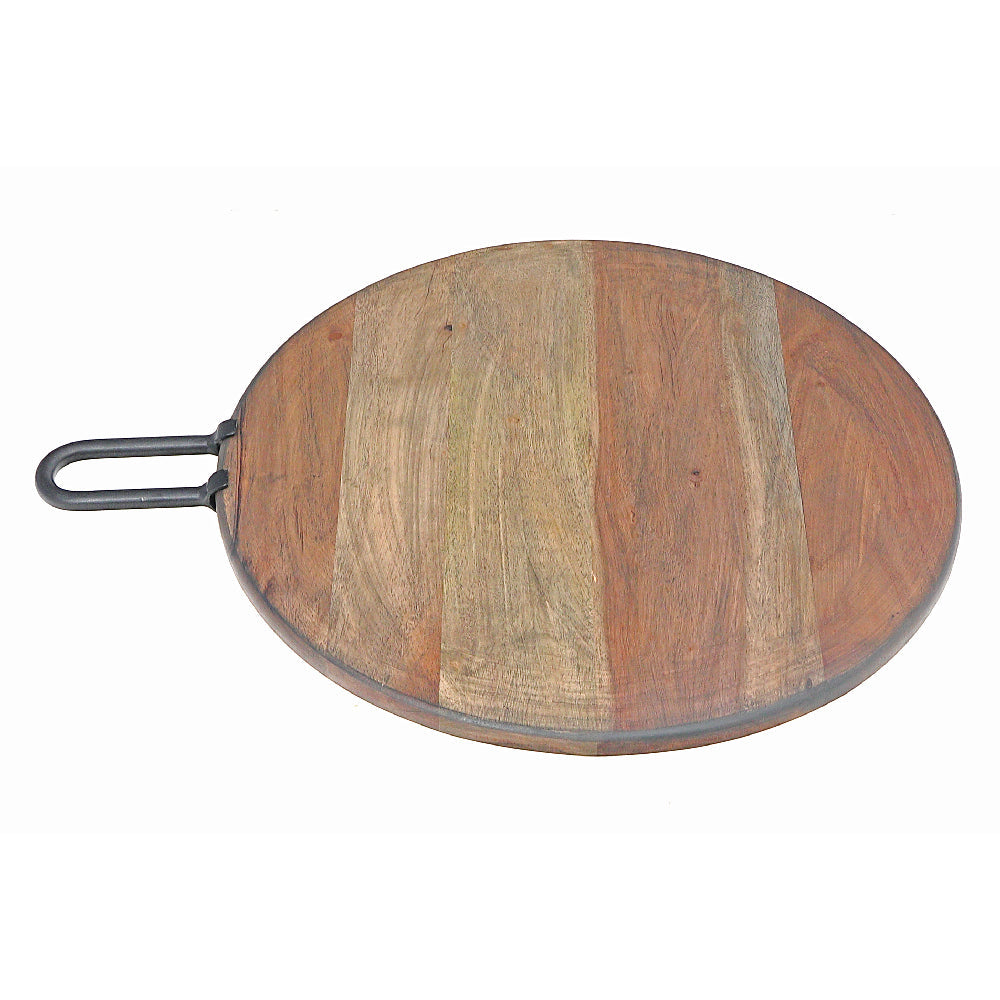 Custom Gray Acacia Wood Round Cutting Board With Gunmetal Metal Handle, Rustic Kitchen Food Prep Board