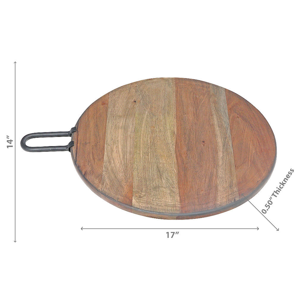 Custom Gray Acacia Wood Round Cutting Board With Gunmetal Metal Handle, Rustic Kitchen Food Prep Board