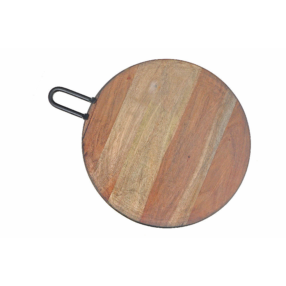 Custom Gray Acacia Wood Round Cutting Board With Gunmetal Metal Handle, Rustic Kitchen Food Prep Board