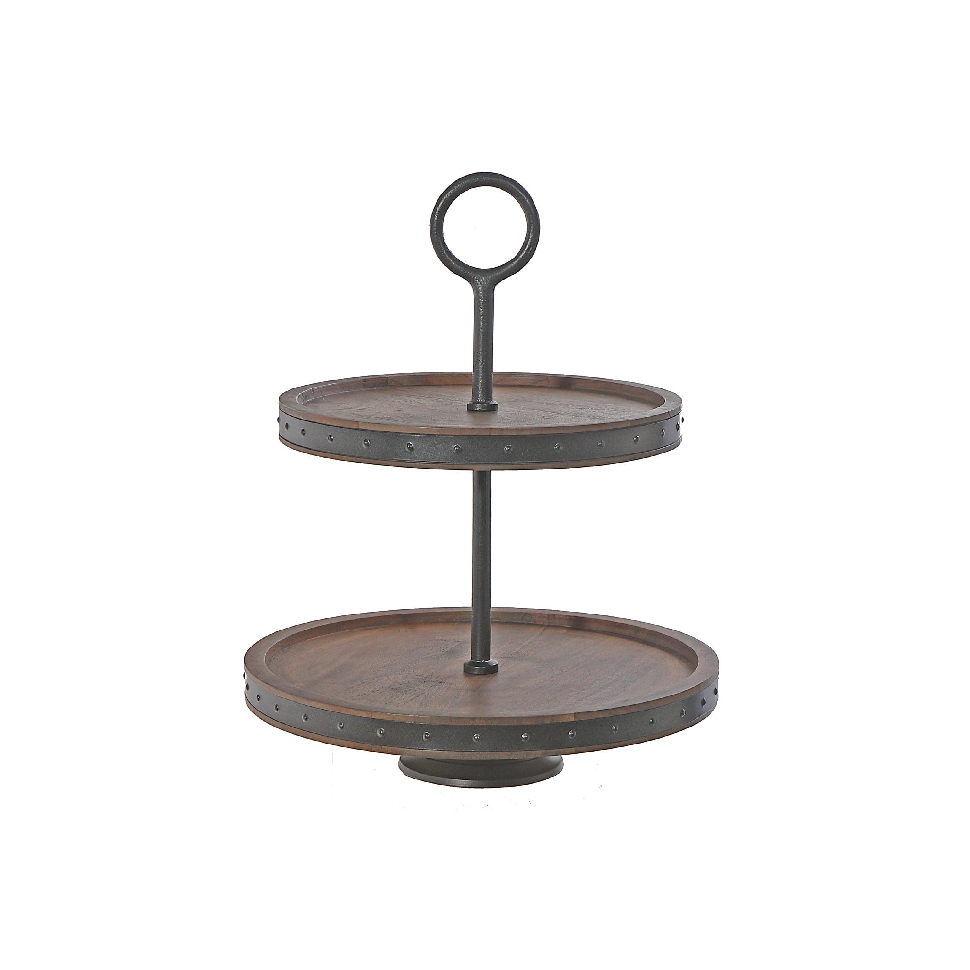 Gray Acacia Wood 2 Tier Cake Stand With Riveted Gunmetal Decorative Dessert Display