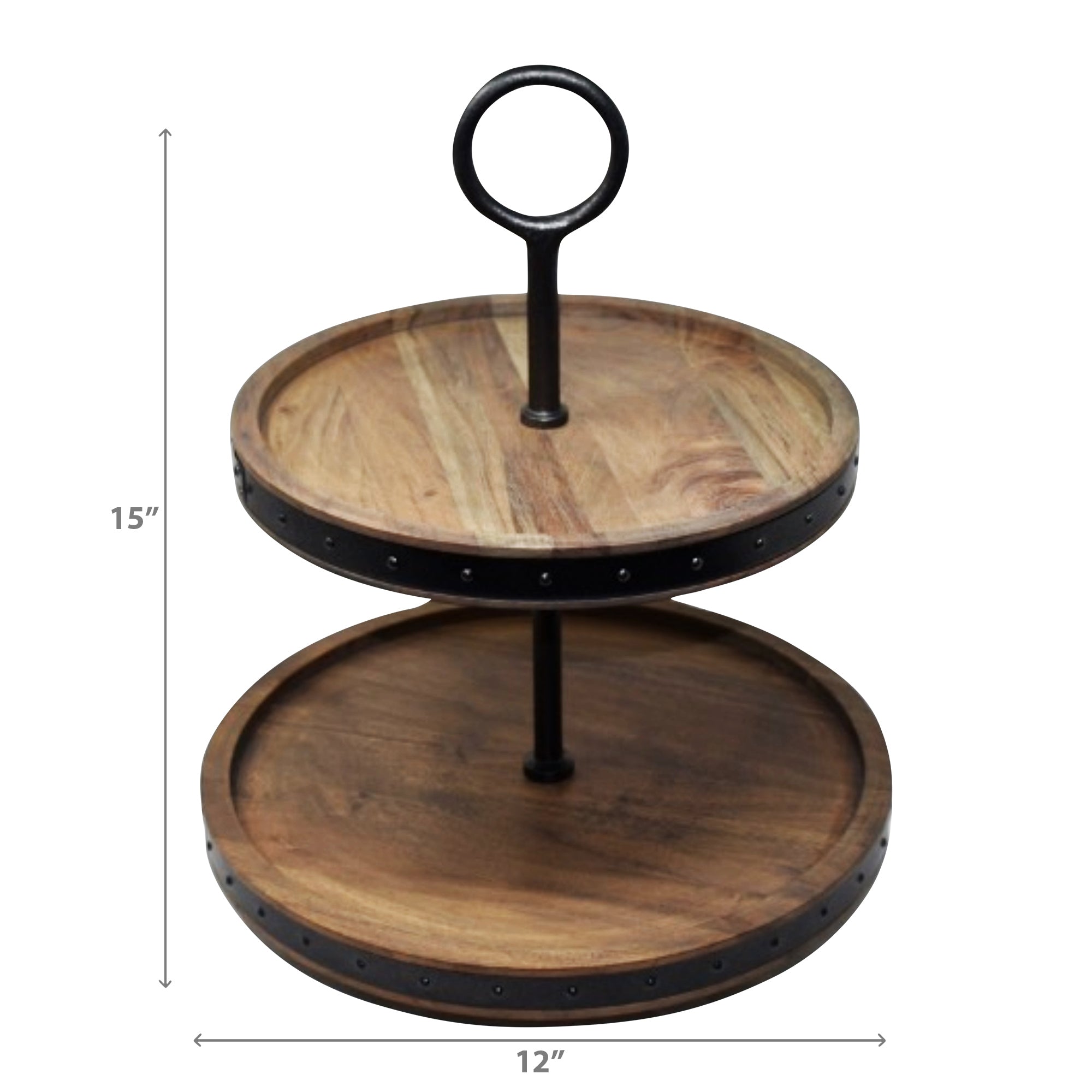 Gray Acacia Wood 2 Tier Cake Stand With Riveted Gunmetal Decorative Dessert Display