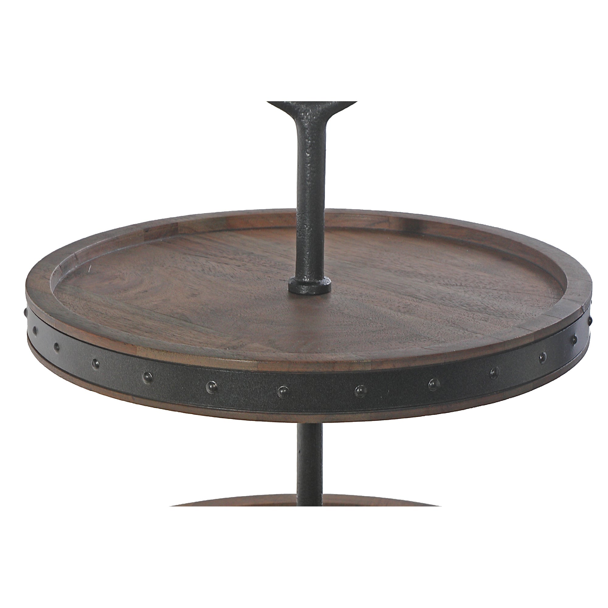 Gray Acacia Wood 2 Tier Cake Stand With Riveted Gunmetal Decorative Dessert Display