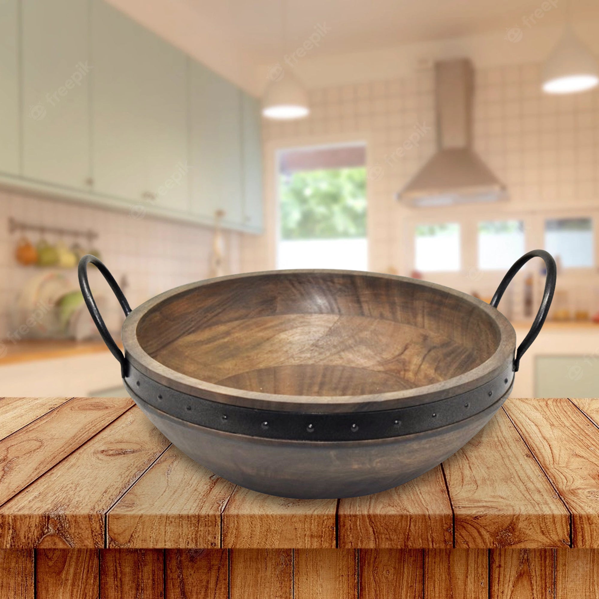 Gray Acacia Wood Salad Bowl With Riveted Gunmetal Handles Decorative Serving Bowl