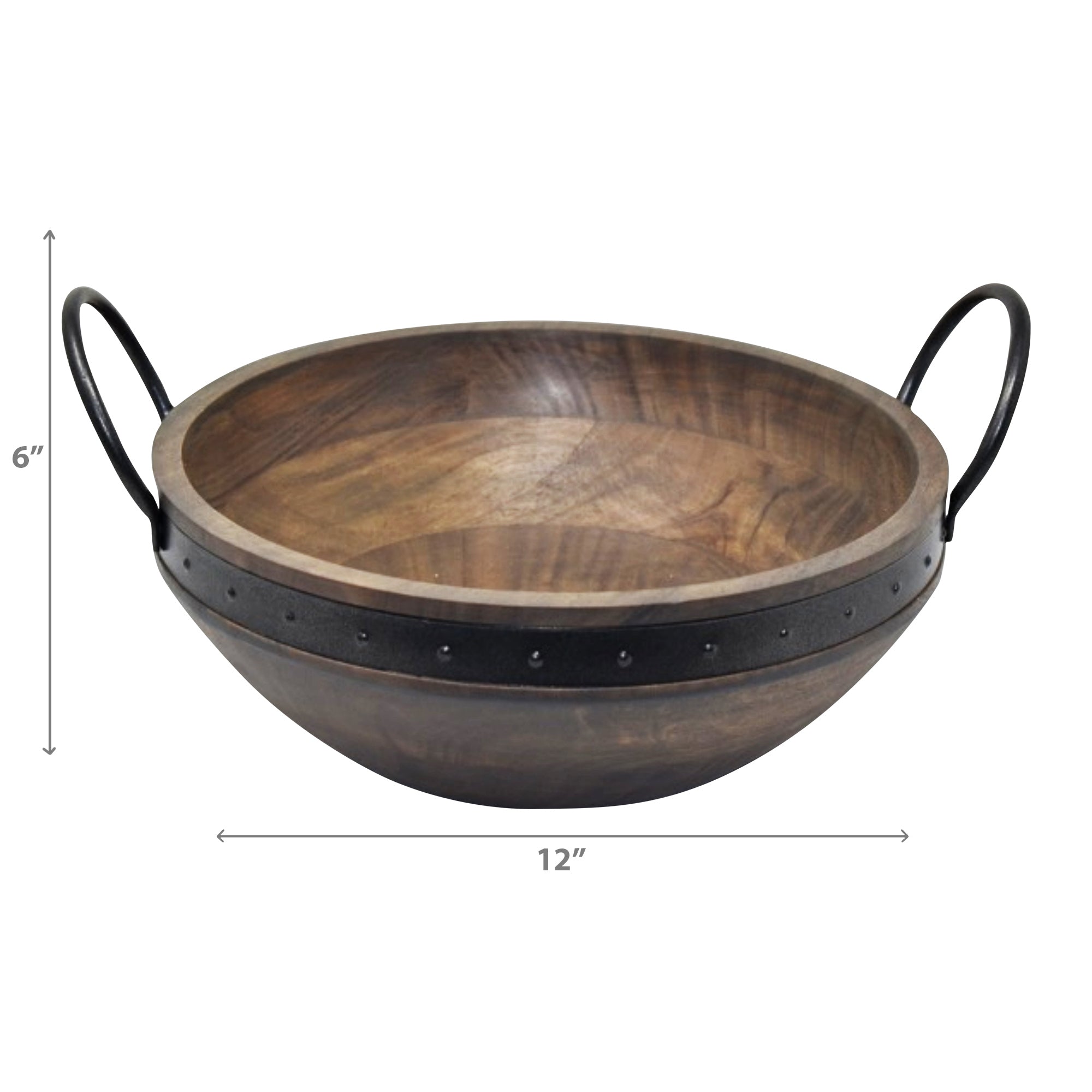 Gray Acacia Wood Salad Bowl With Riveted Gunmetal Handles Decorative Serving Bowl