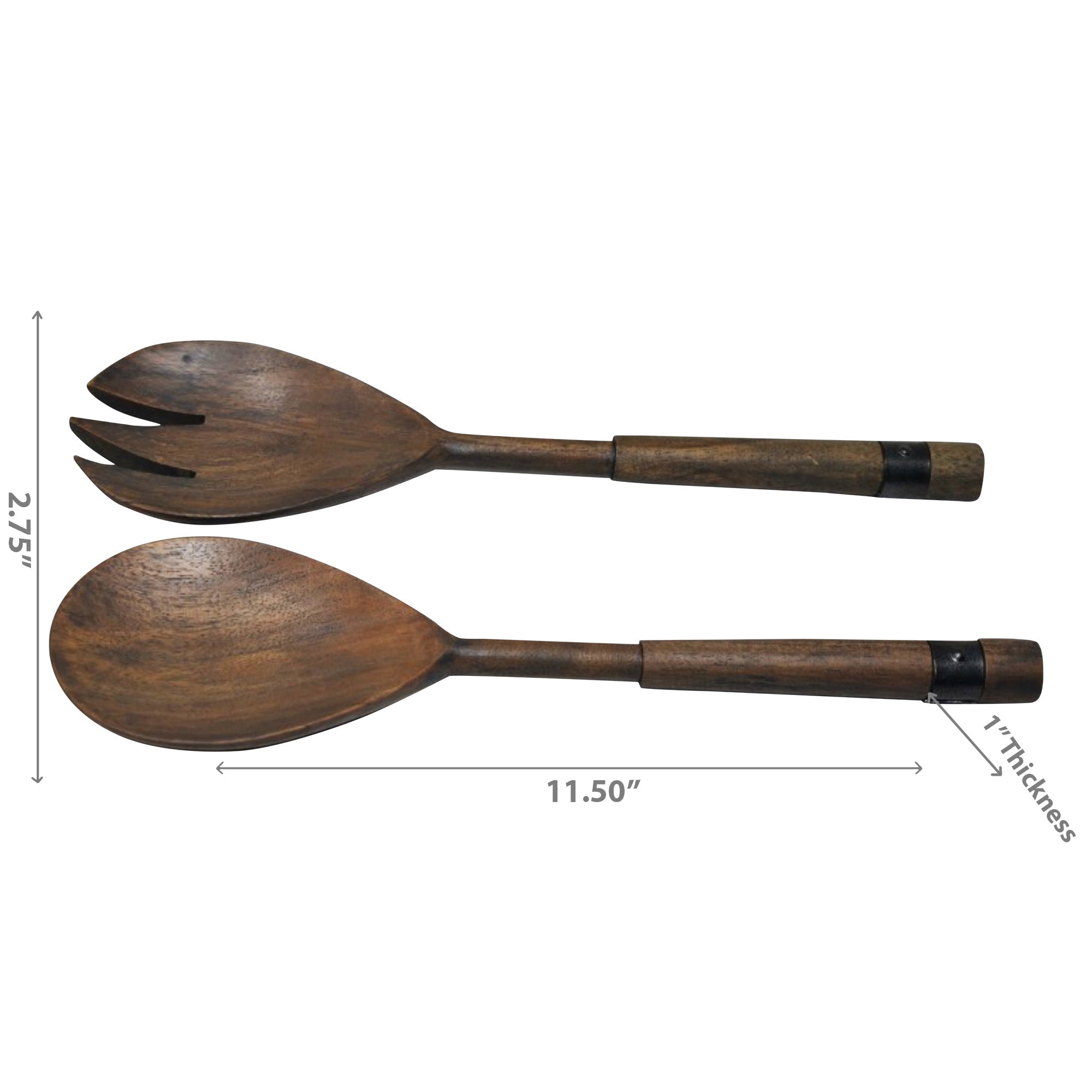Gray Acacia Wood Salad Server Set With Riveted Gunmetal 2 Piece Kitchen Utensils