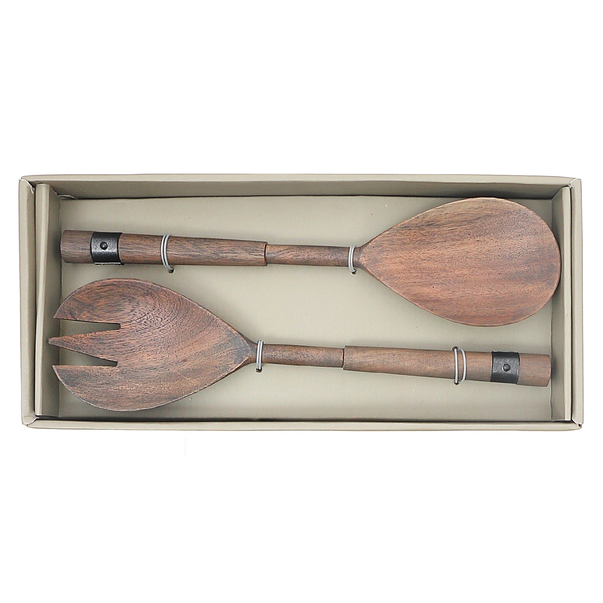 Gray Acacia Wood Salad Server Set With Riveted Gunmetal 2 Piece Kitchen Utensils