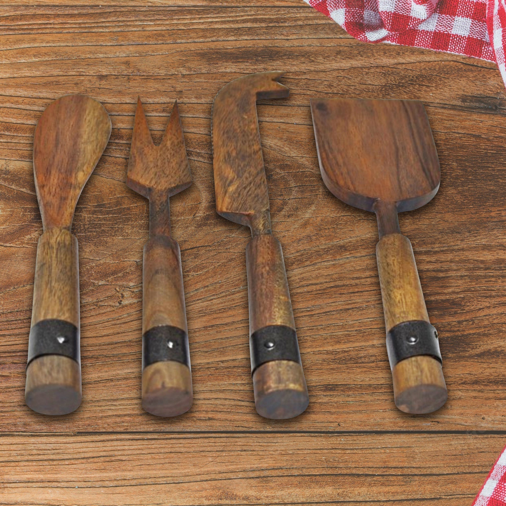 Gray Acacia Wood Cheese Cutlery Set With Riveted Gunmetal 4 Piece Cheese Knife Set