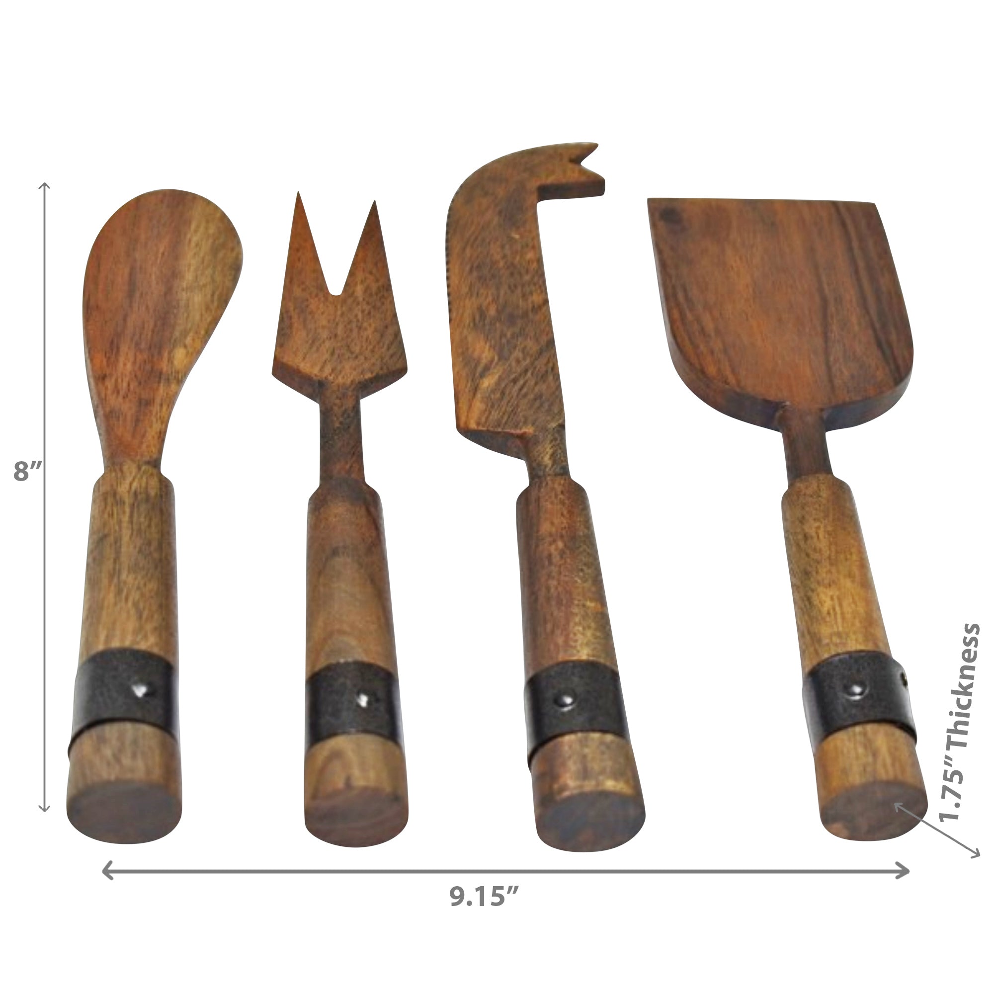 Gray Acacia Wood Cheese Cutlery Set With Riveted Gunmetal 4 Piece Cheese Knife Set