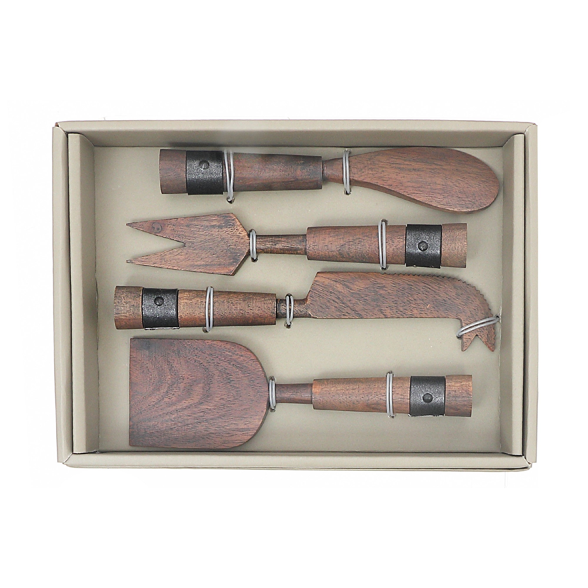 Gray Acacia Wood Cheese Cutlery Set With Riveted Gunmetal 4 Piece Cheese Knife Set