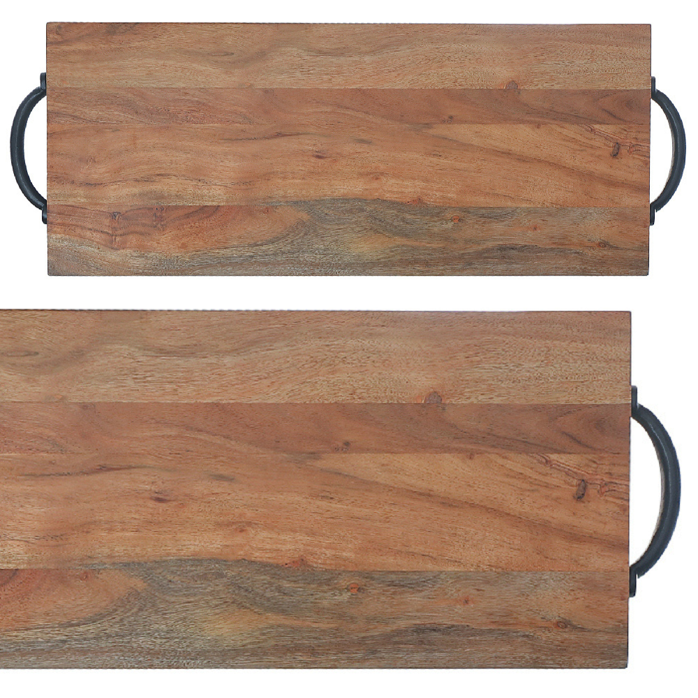 Custom Natural Acacia Wood Rectangle Serving Board With Black Metal Handles, Rustic Kitchen Serving Tray, Charcuterie Board