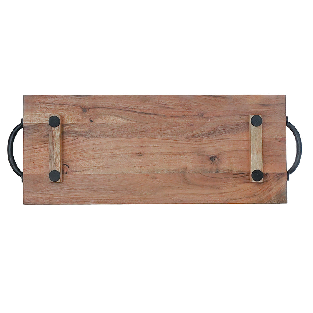 Custom Natural Acacia Wood Rectangle Serving Board With Black Metal Handles, Rustic Kitchen Serving Tray, Charcuterie Board