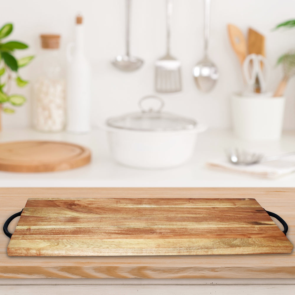 Custom Natural Acacia Wood Rectangle Serving Board With Black Metal Handles, Rustic Kitchen Serving Tray, Charcuterie Board