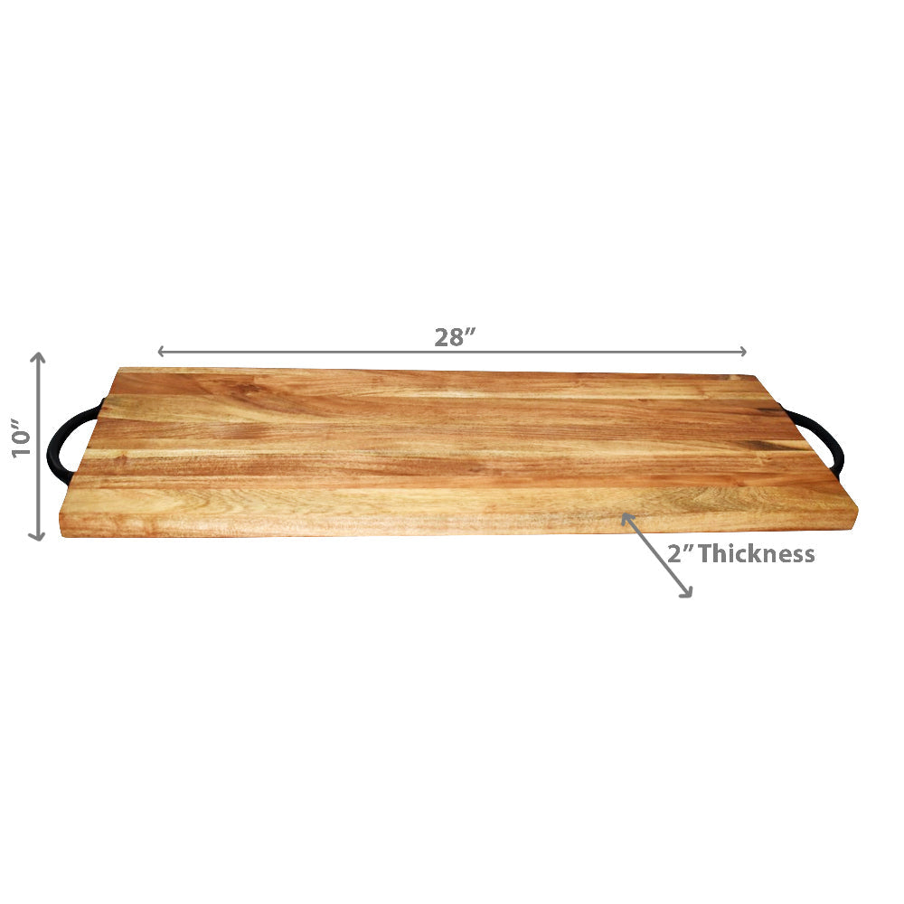 Custom Natural Acacia Wood Rectangle Serving Board With Black Metal Handles, Rustic Kitchen Serving Tray, Charcuterie Board