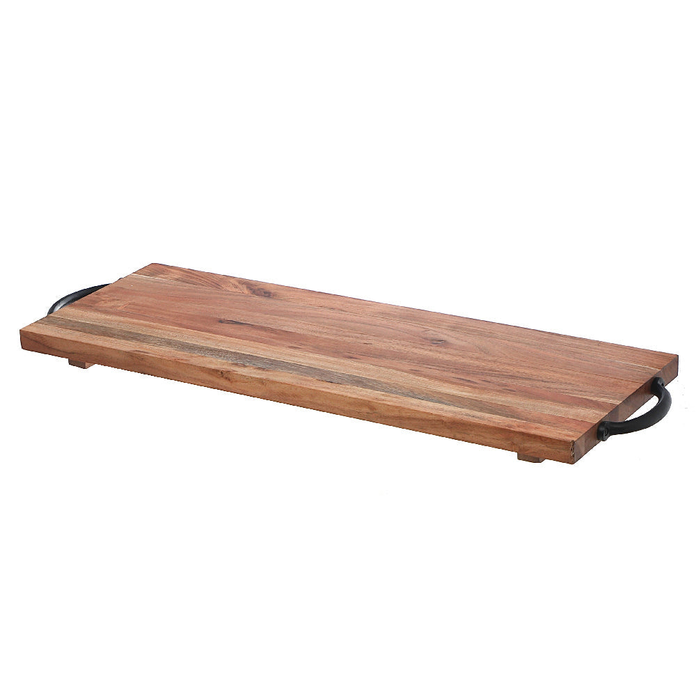 Custom Natural Acacia Wood Rectangle Serving Board With Black Metal Handles, Rustic Kitchen Serving Tray, Charcuterie Board